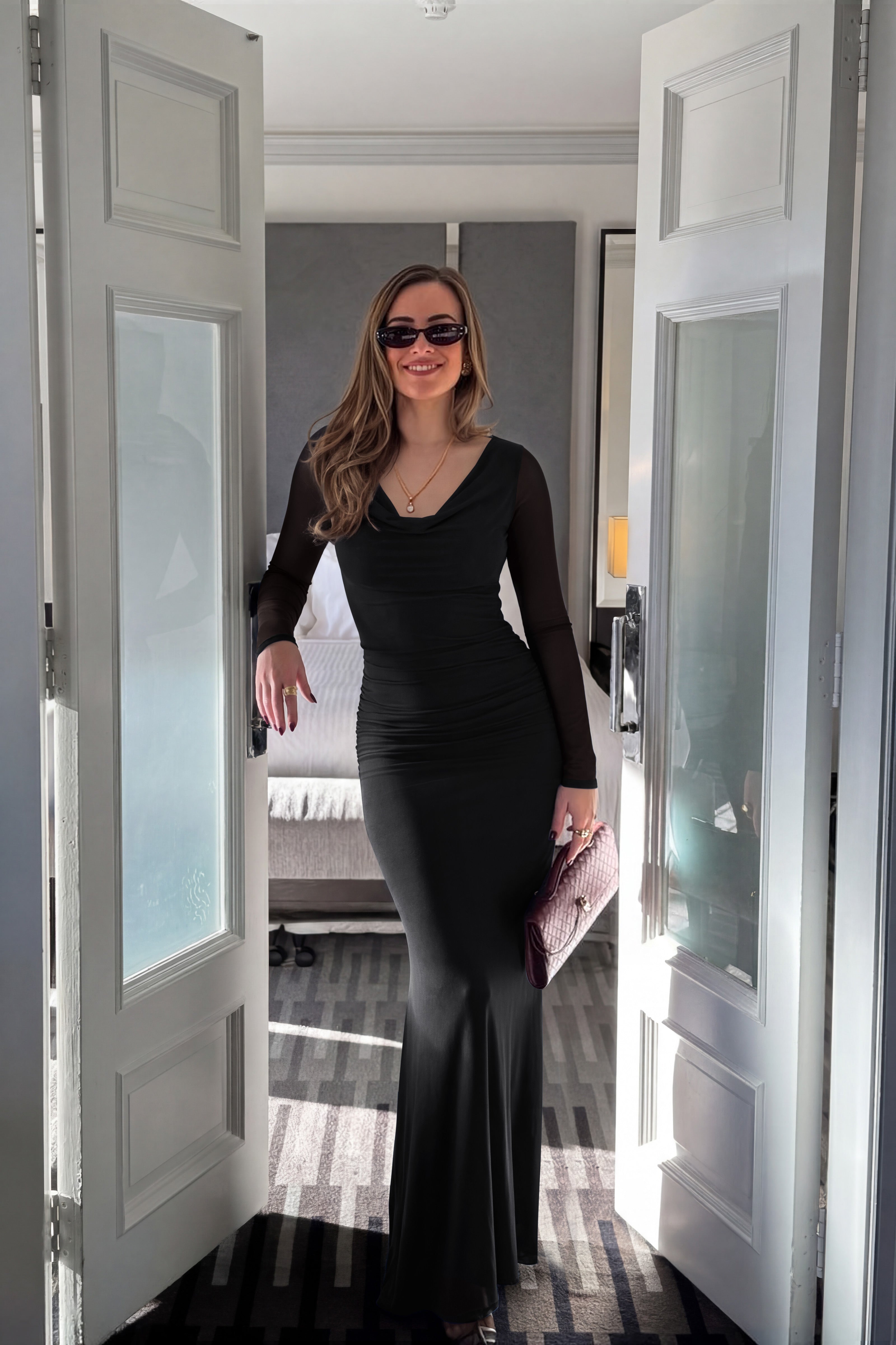 Cowl Neck Sheer Mesh Long Sleeve Ruched Maxi Dress