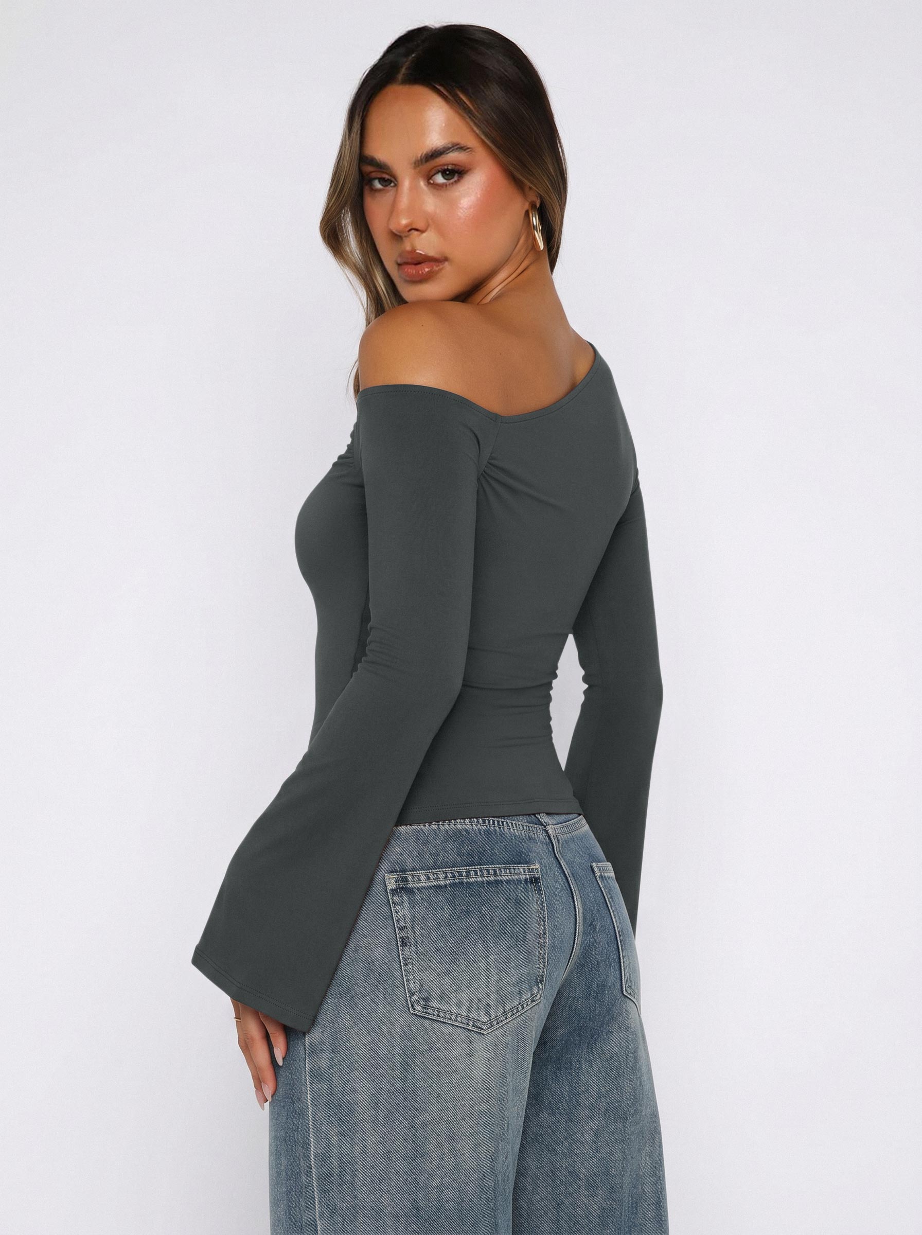 Off Shoulder Bell Sleeve Double Lined Slim Fit Top