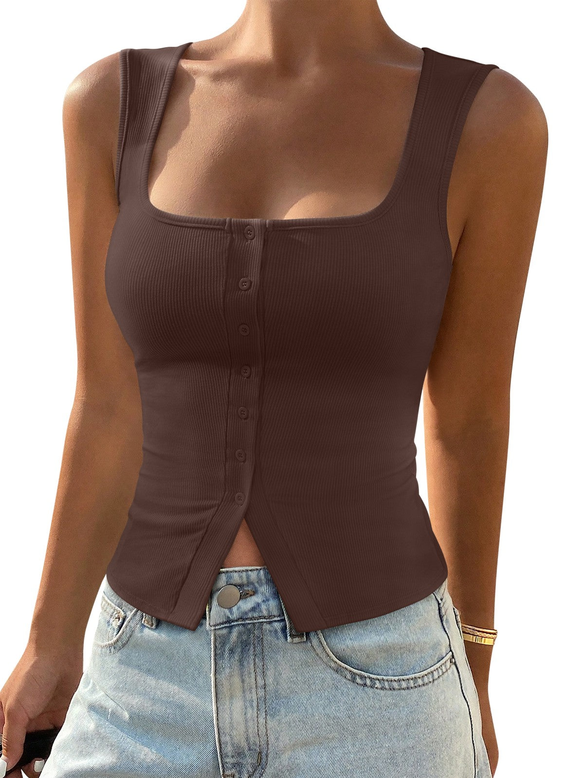 Cute Ribbed Button Down Square Neck Vest Tank Top