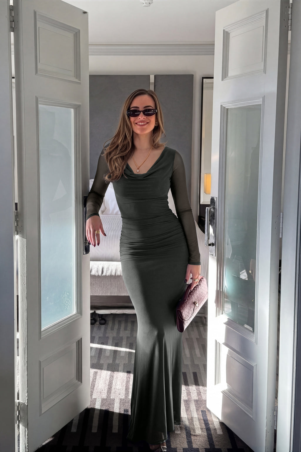 Cowl Neck Sheer Mesh Long Sleeve Ruched Maxi Dress