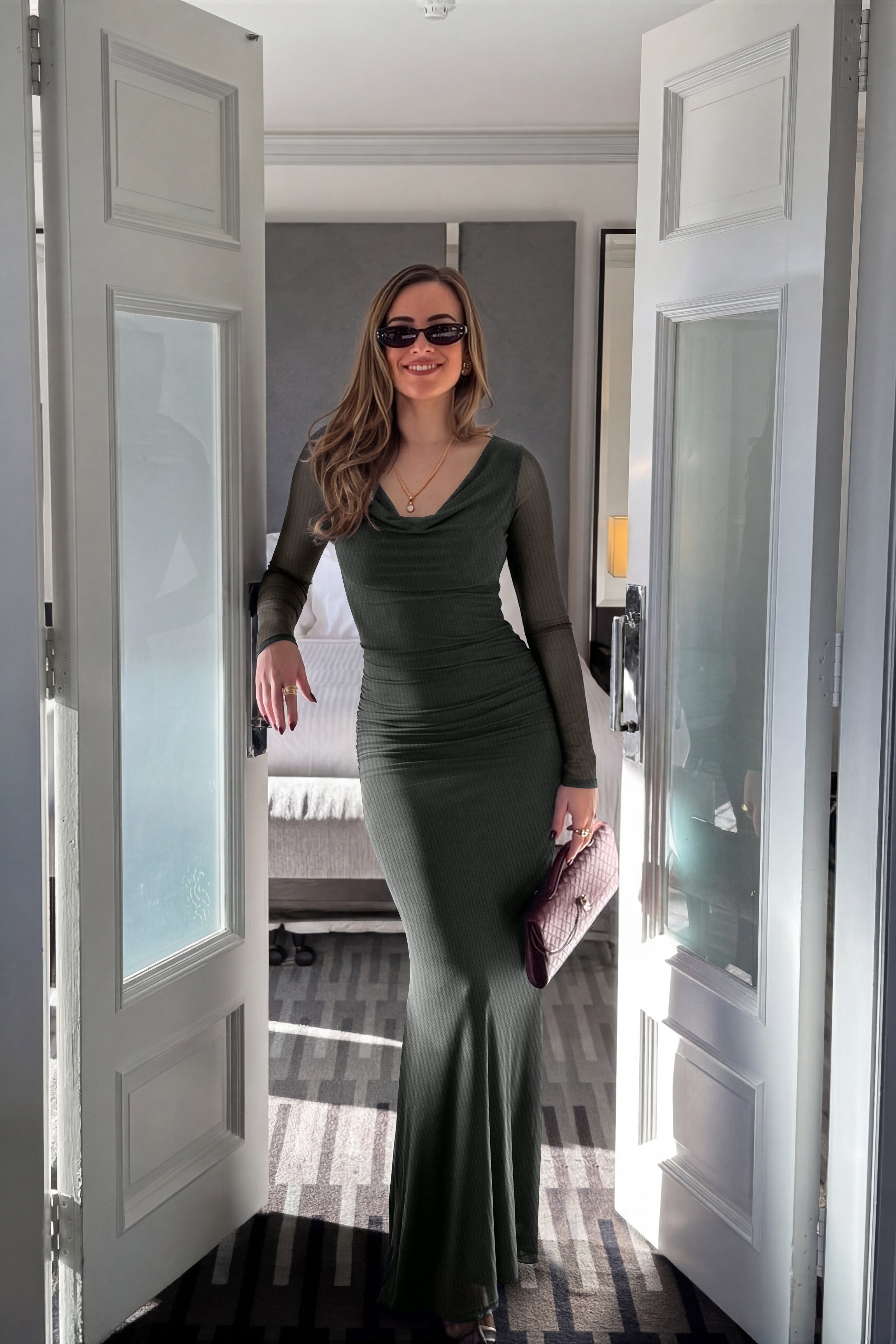 Cowl Neck Sheer Mesh Long Sleeve Ruched Maxi Dress