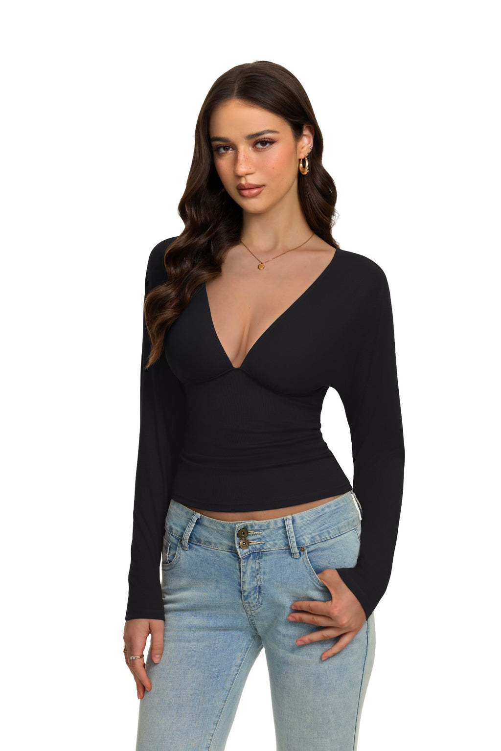 V Neck Ruched Batwing Sleeve Slim Fit Top