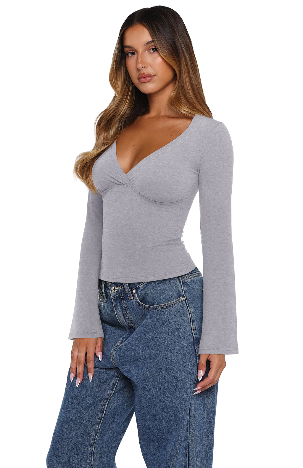 Wrap Deep V Neck Long Bell Sleeve Tops