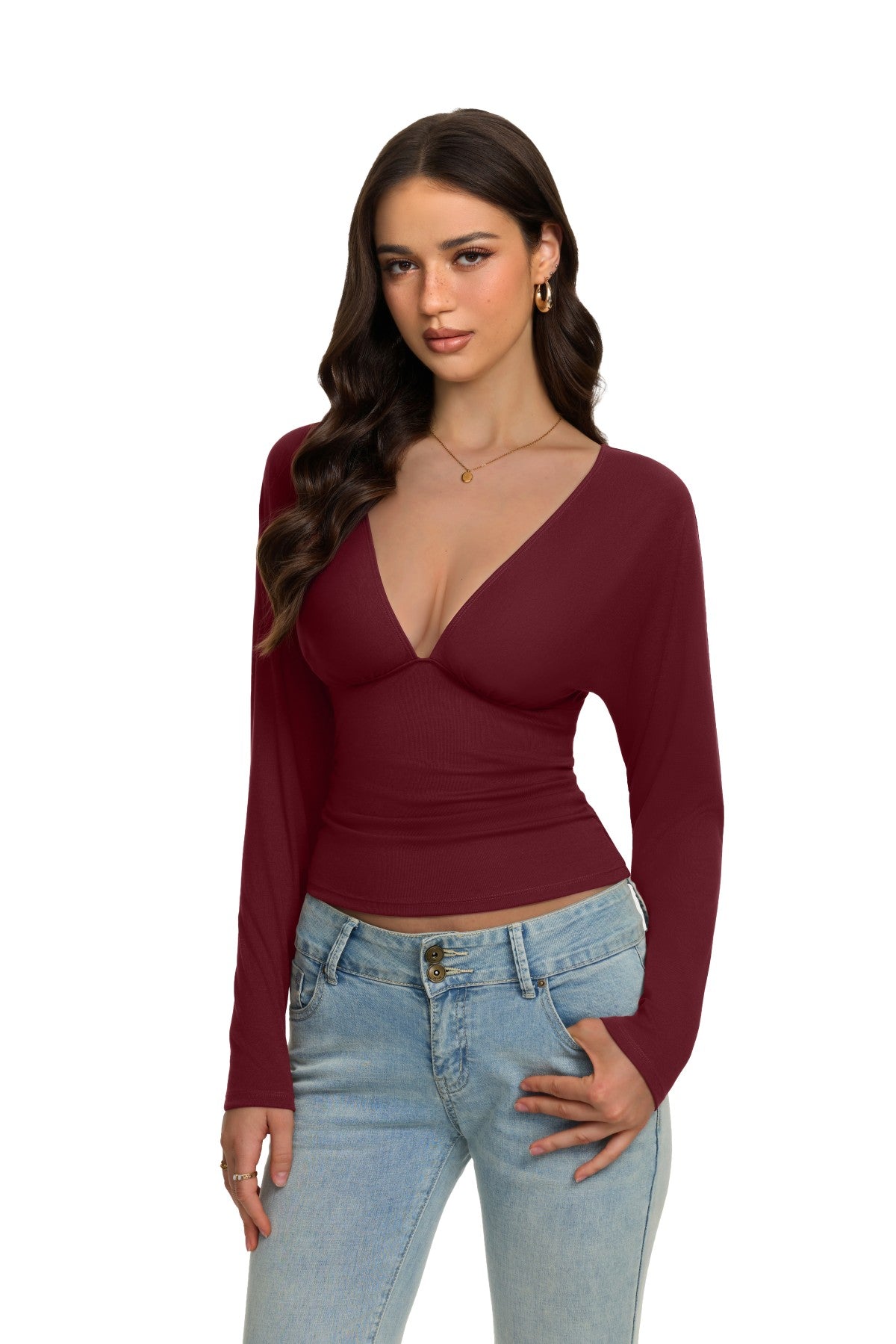 V Neck Ruched Batwing Sleeve Slim Fit Top