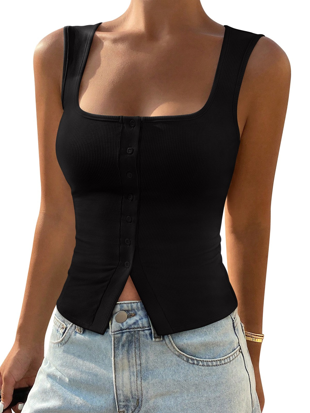 Cute Ribbed Button Down Square Neck Vest Tank Top