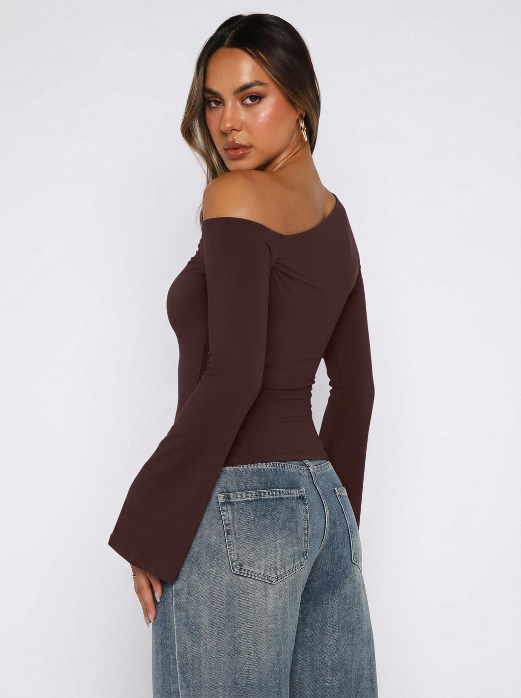 Off Shoulder Bell Sleeve Double Lined Slim Fit Top