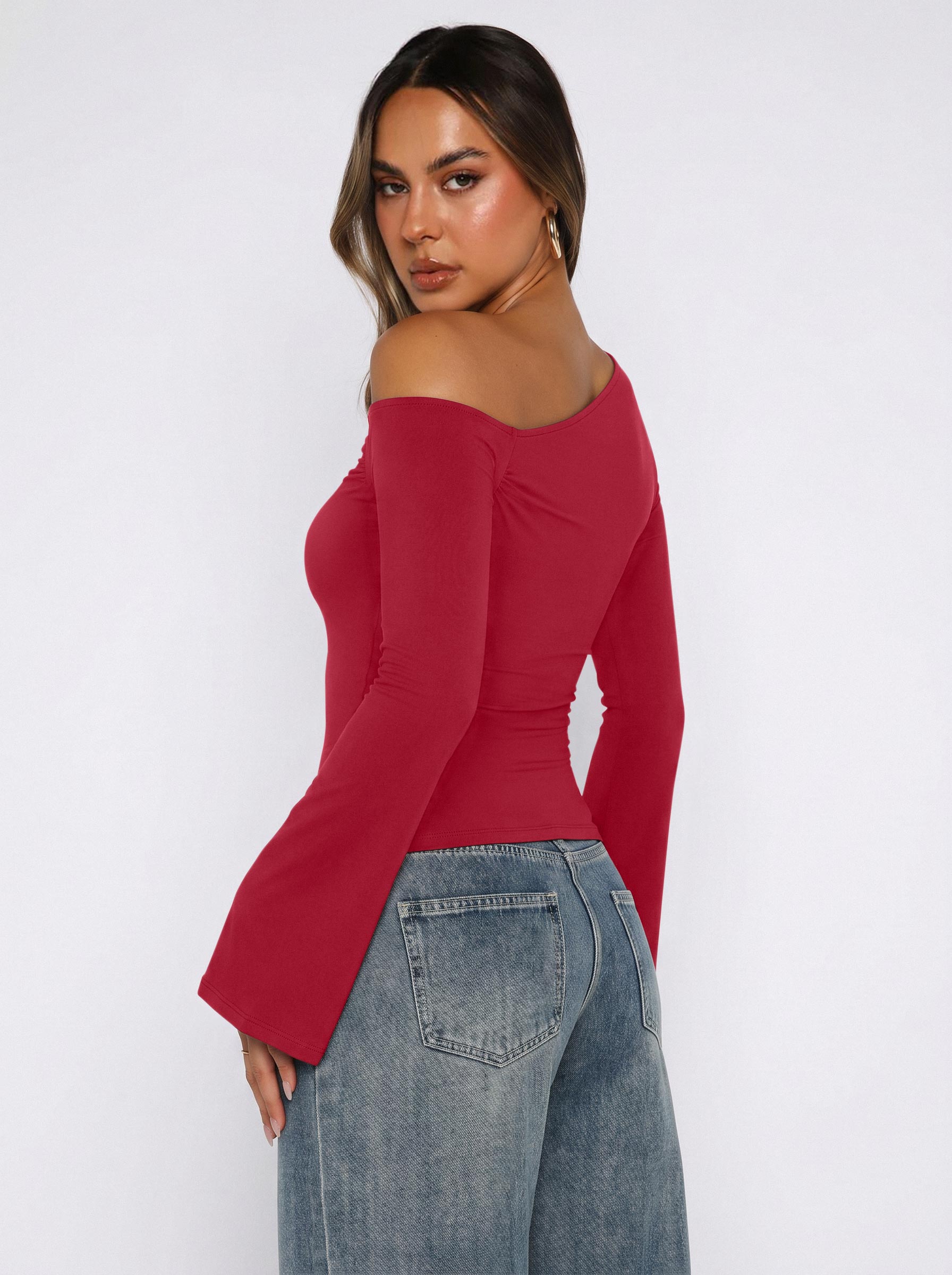 Off Shoulder Bell Sleeve Double Lined Slim Fit Top