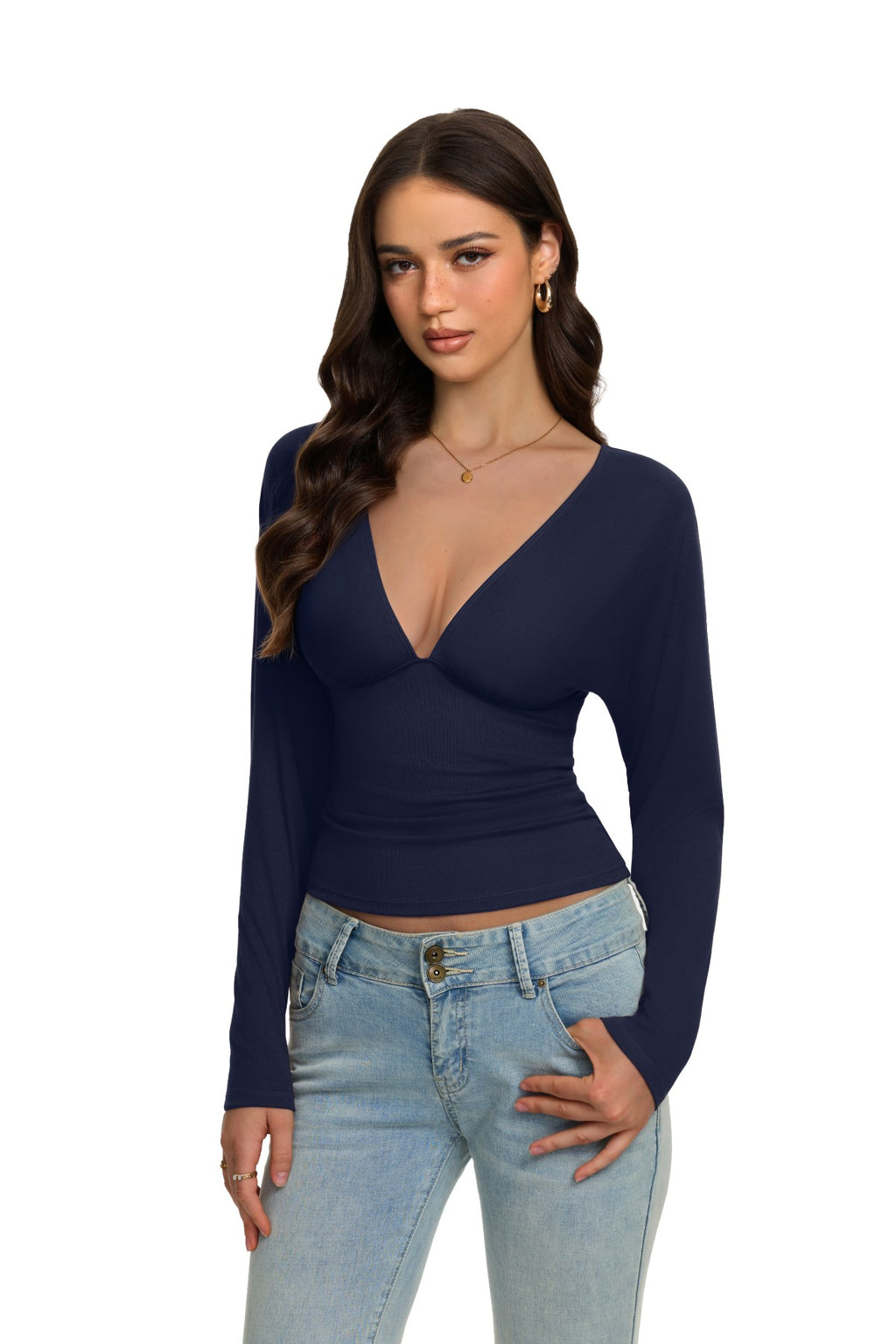 V Neck Ruched Batwing Sleeve Slim Fit Top