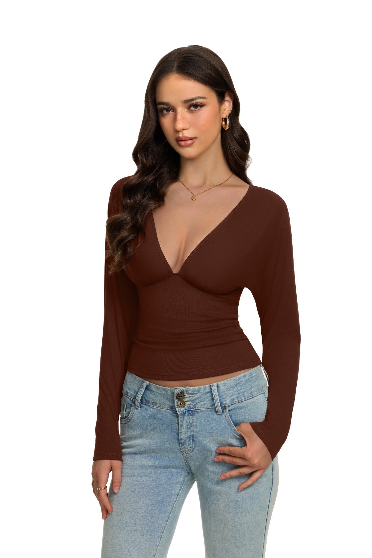 V Neck Ruched Batwing Sleeve Slim Fit Top