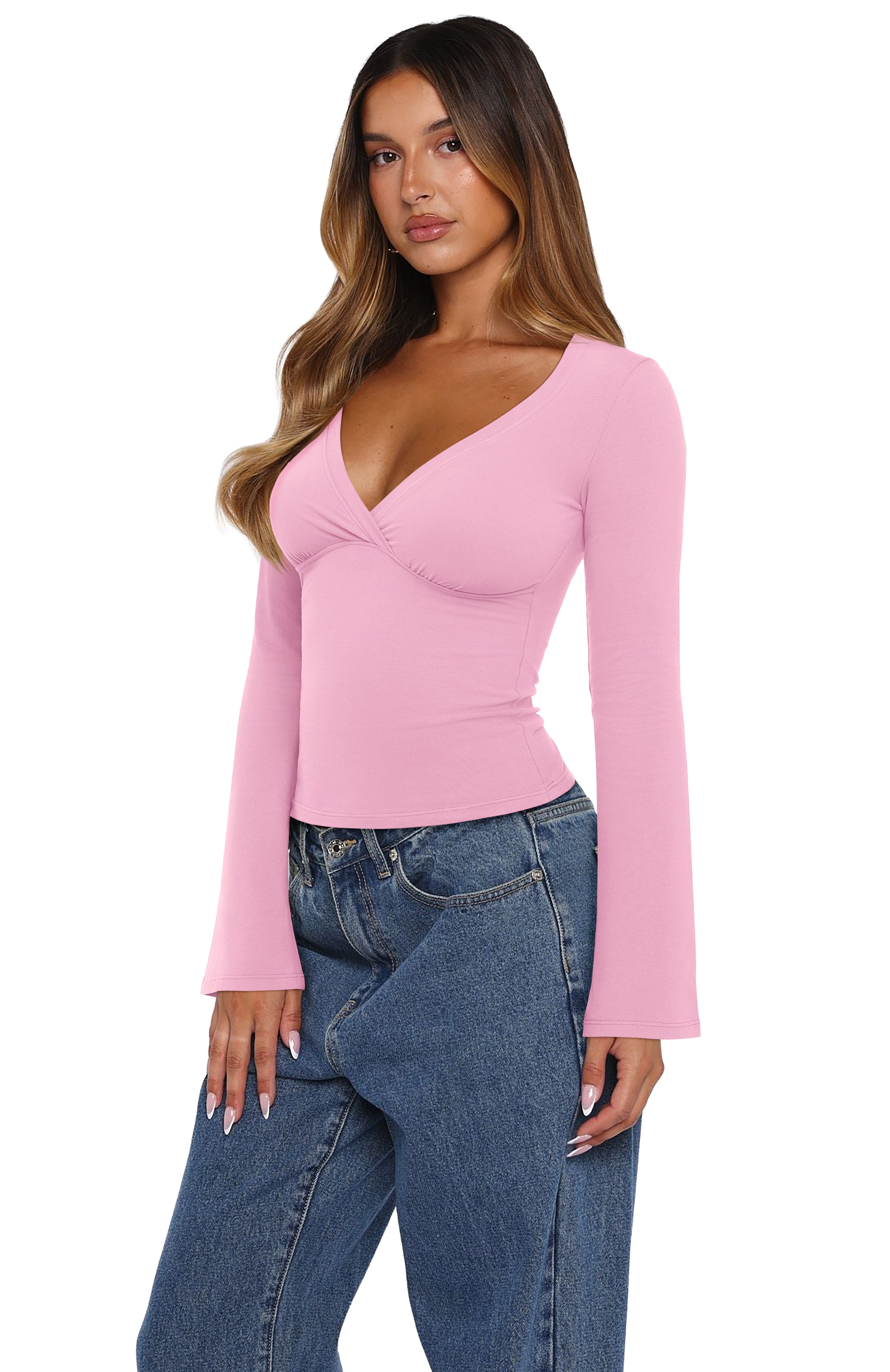 Wrap Deep V Neck Long Bell Sleeve Tops