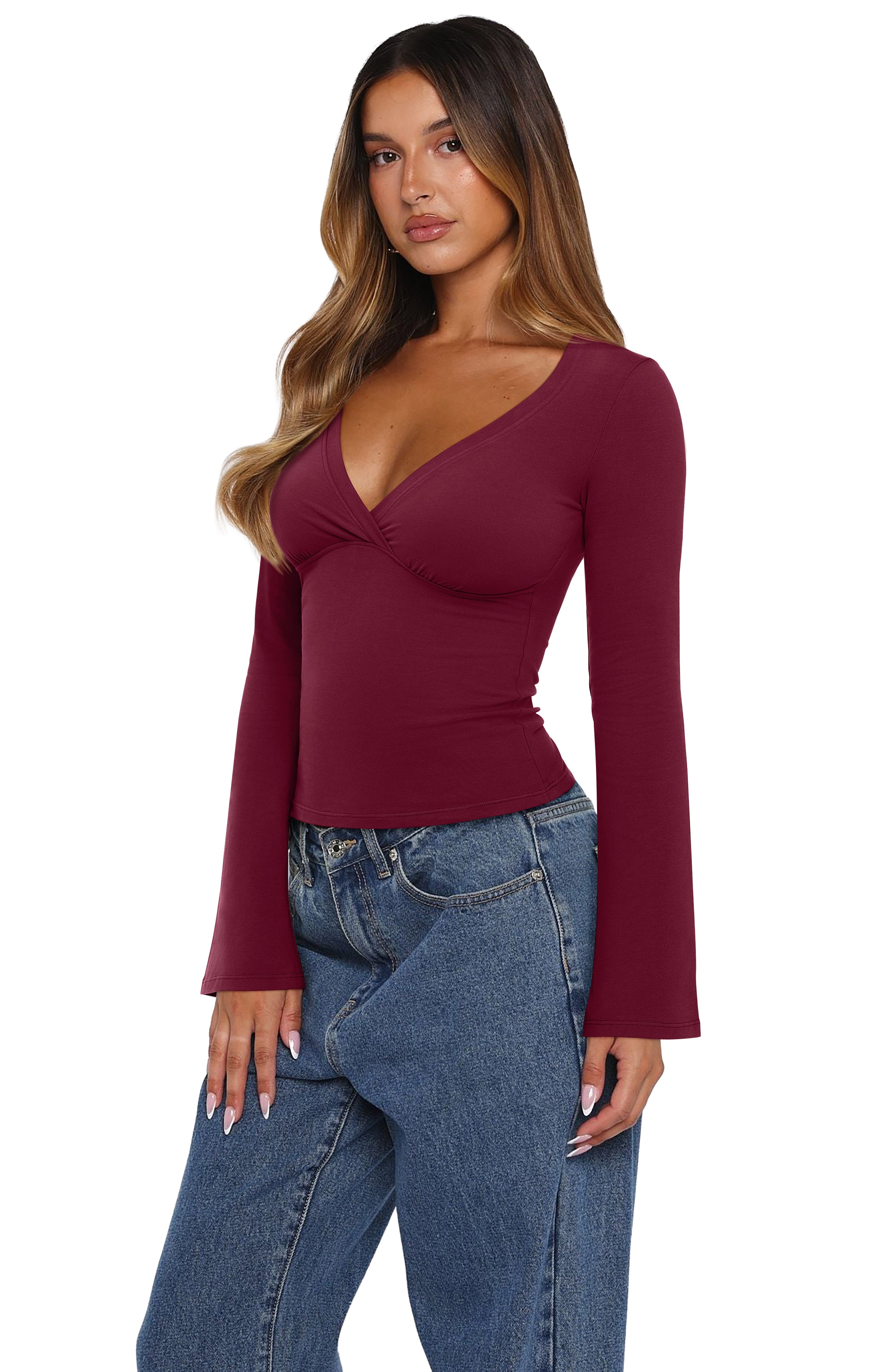 Wrap Deep V Neck Long Bell Sleeve Tops