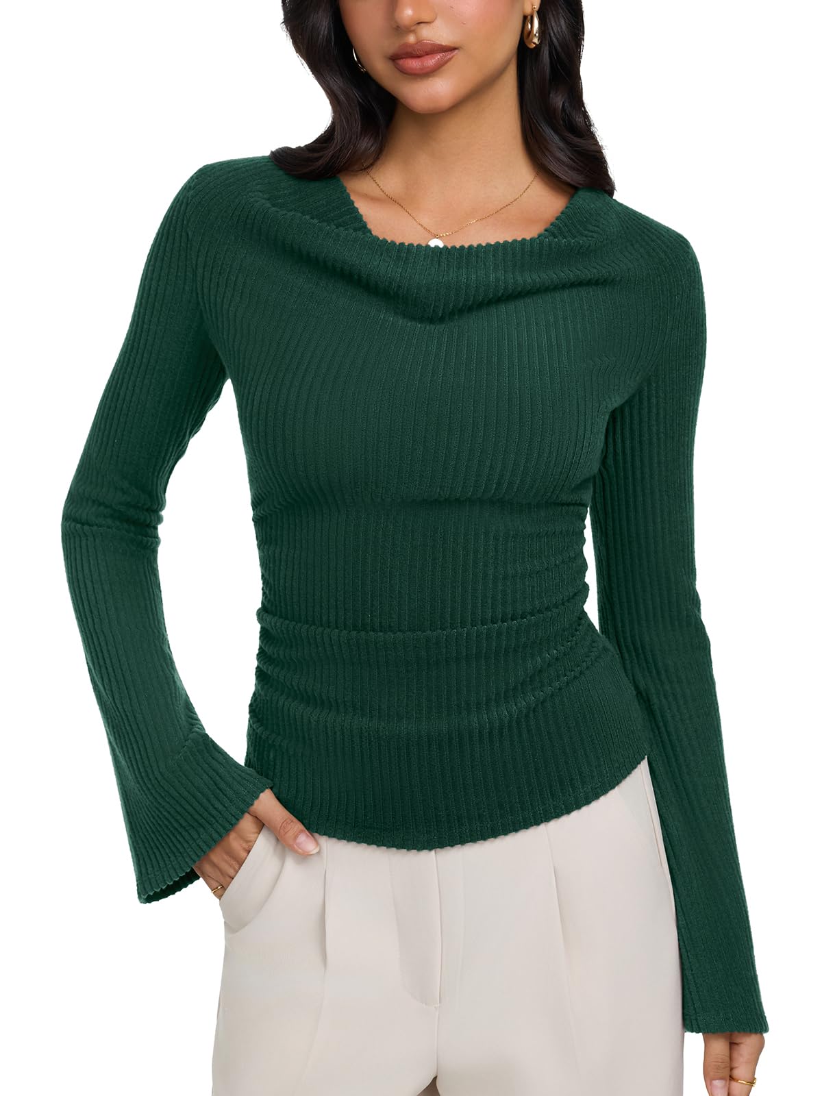 Cowl Neck Ribbed Knit Bell Sleeve Top