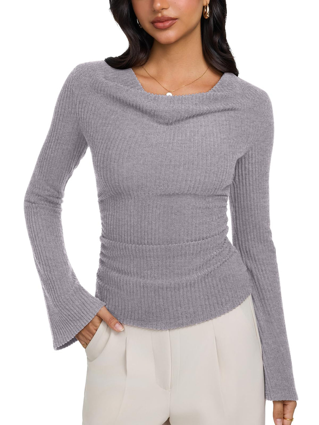 Cowl Neck Ribbed Knit Bell Sleeve Top