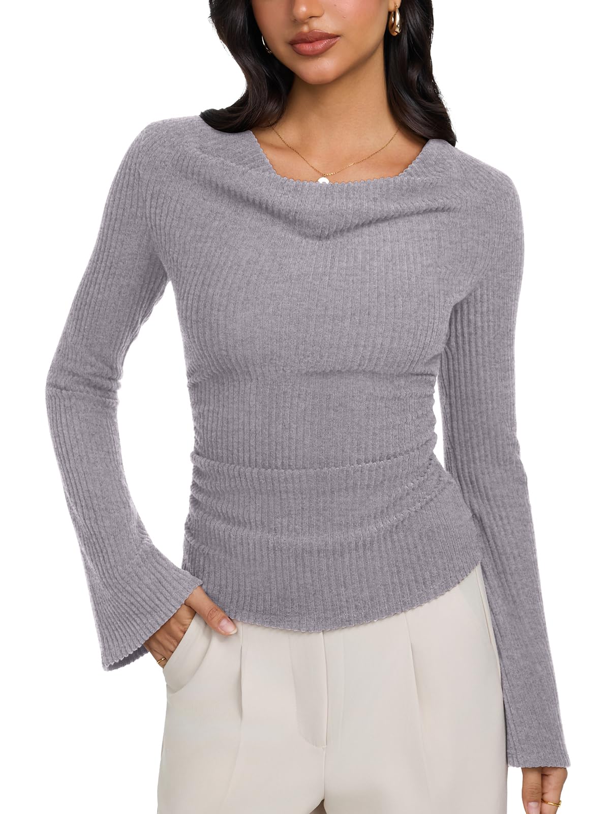 Cowl Neck Ribbed Knit Bell Sleeve Top