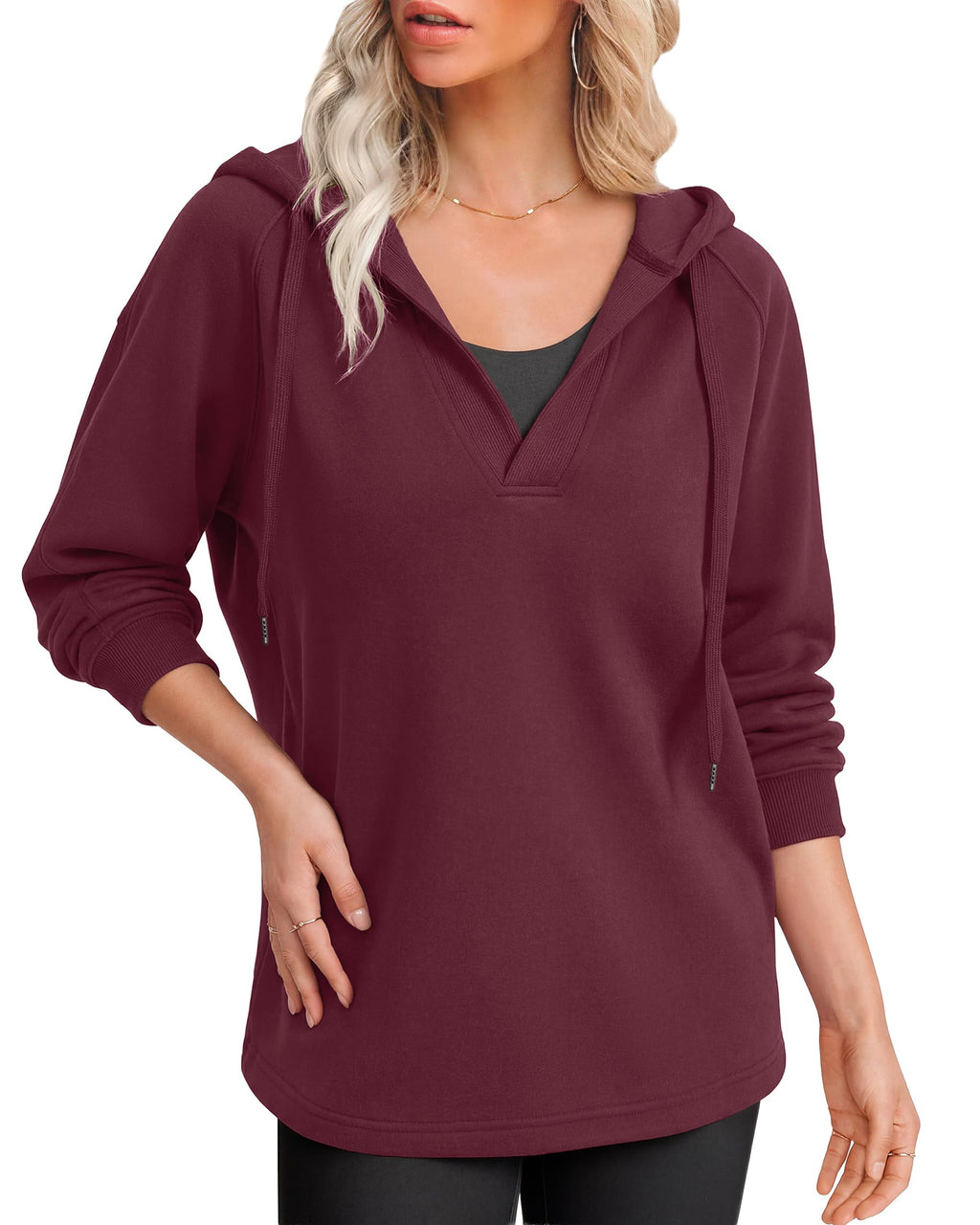 Oversized V Neck Hooded Pullover Sweatshirt