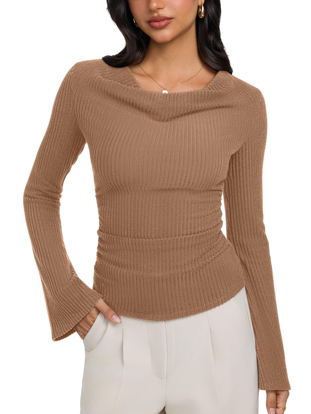 Cowl Neck Ribbed Knit Bell Sleeve Top