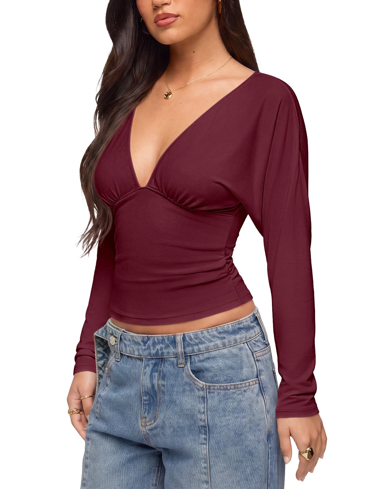V Neck Ruched Batwing Sleeve Slim Fit Top