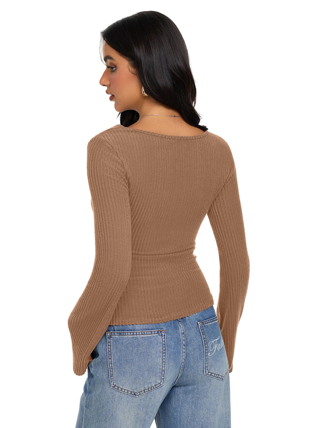 Cowl Neck Ribbed Knit Bell Sleeve Top