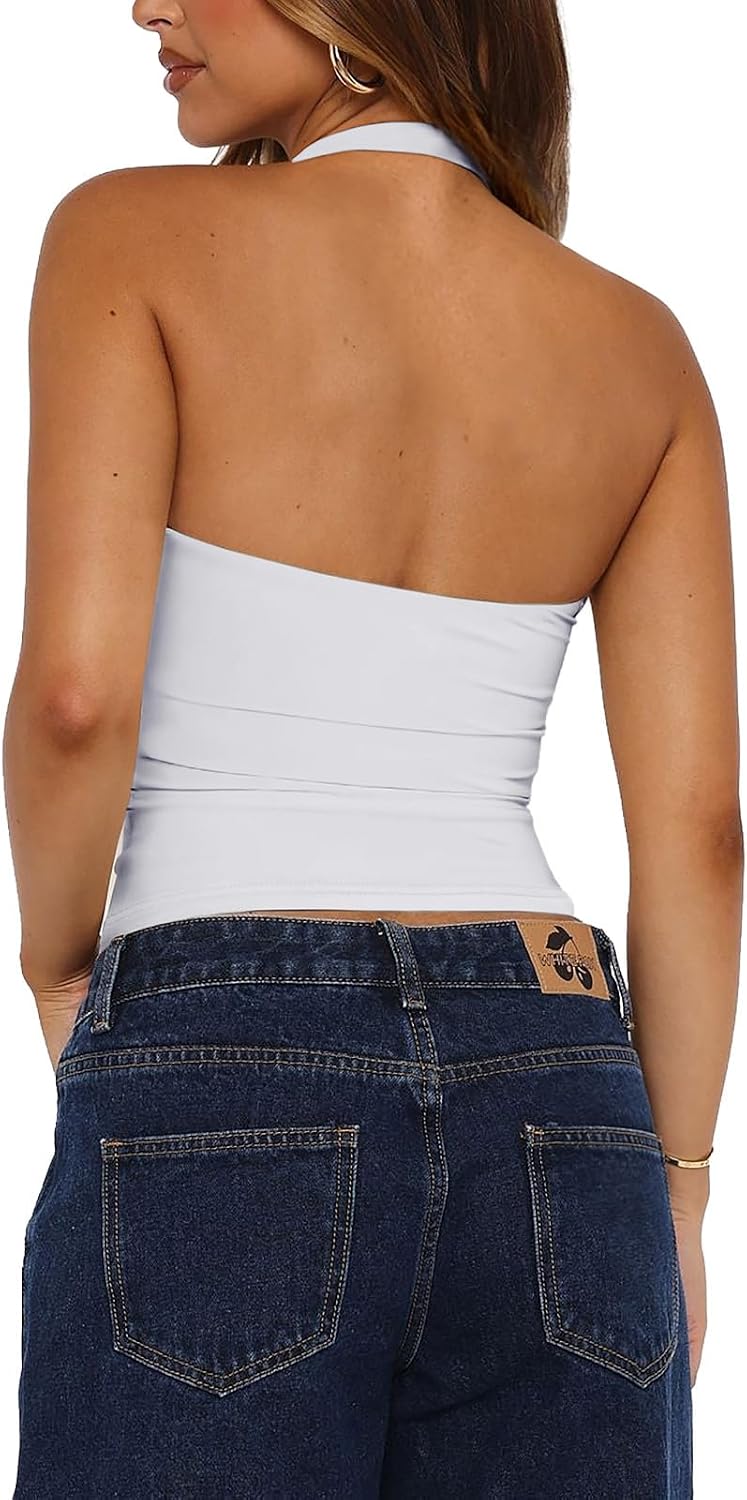 REORIA Women's Halter Backless Crop Top Sexy Going Out Double Lined Tank Tops Y2K 2026 Outfits