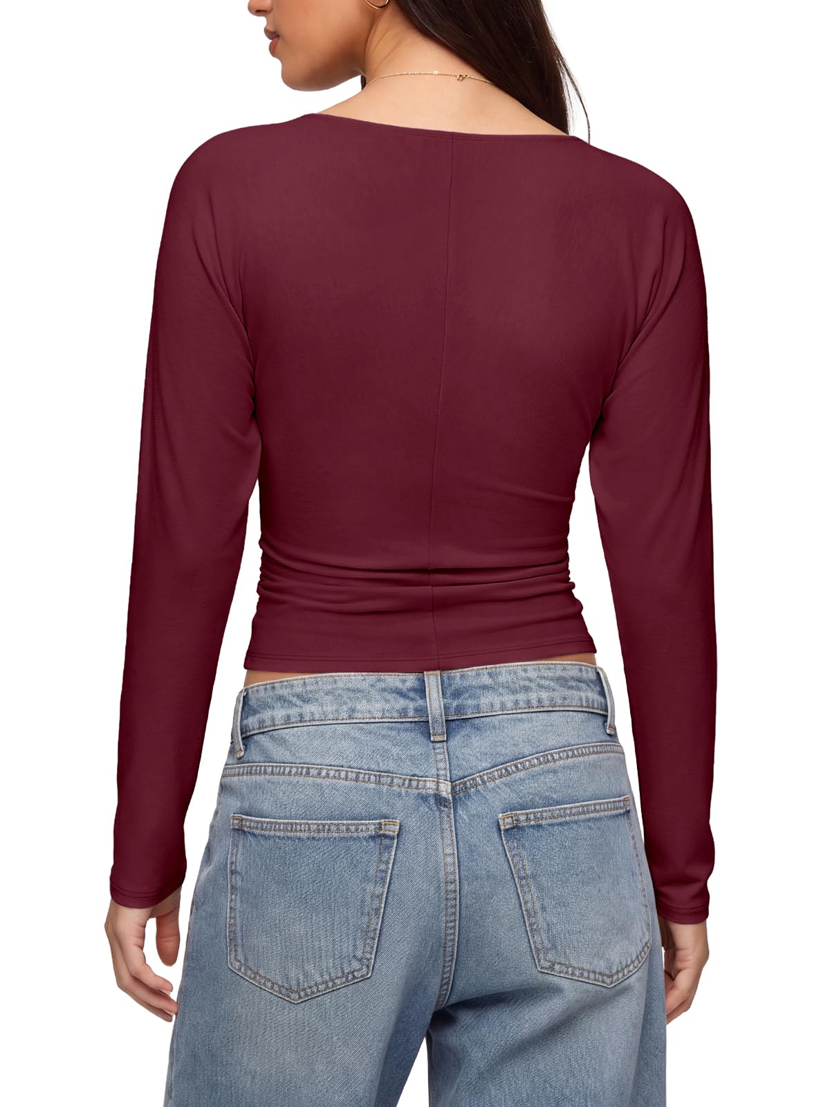 V Neck Ruched Batwing Sleeve Slim Fit Top
