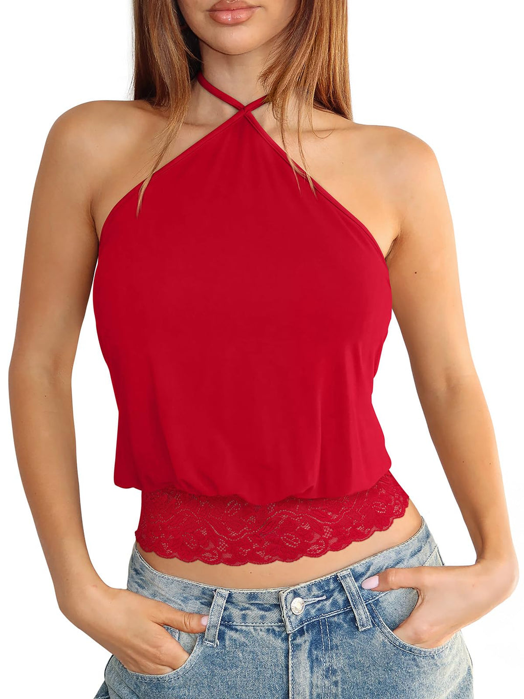 REORIA Womens Halter Going Out Tank Tops Lace Trim Y2K Backless Crop Shirt | Sexy Cute Tees,2026 SummerOutfits,Trendy,Dressy,TieBack,Casual,Club,Concert,Music Festival,Shopping,All Day Wear Camisole