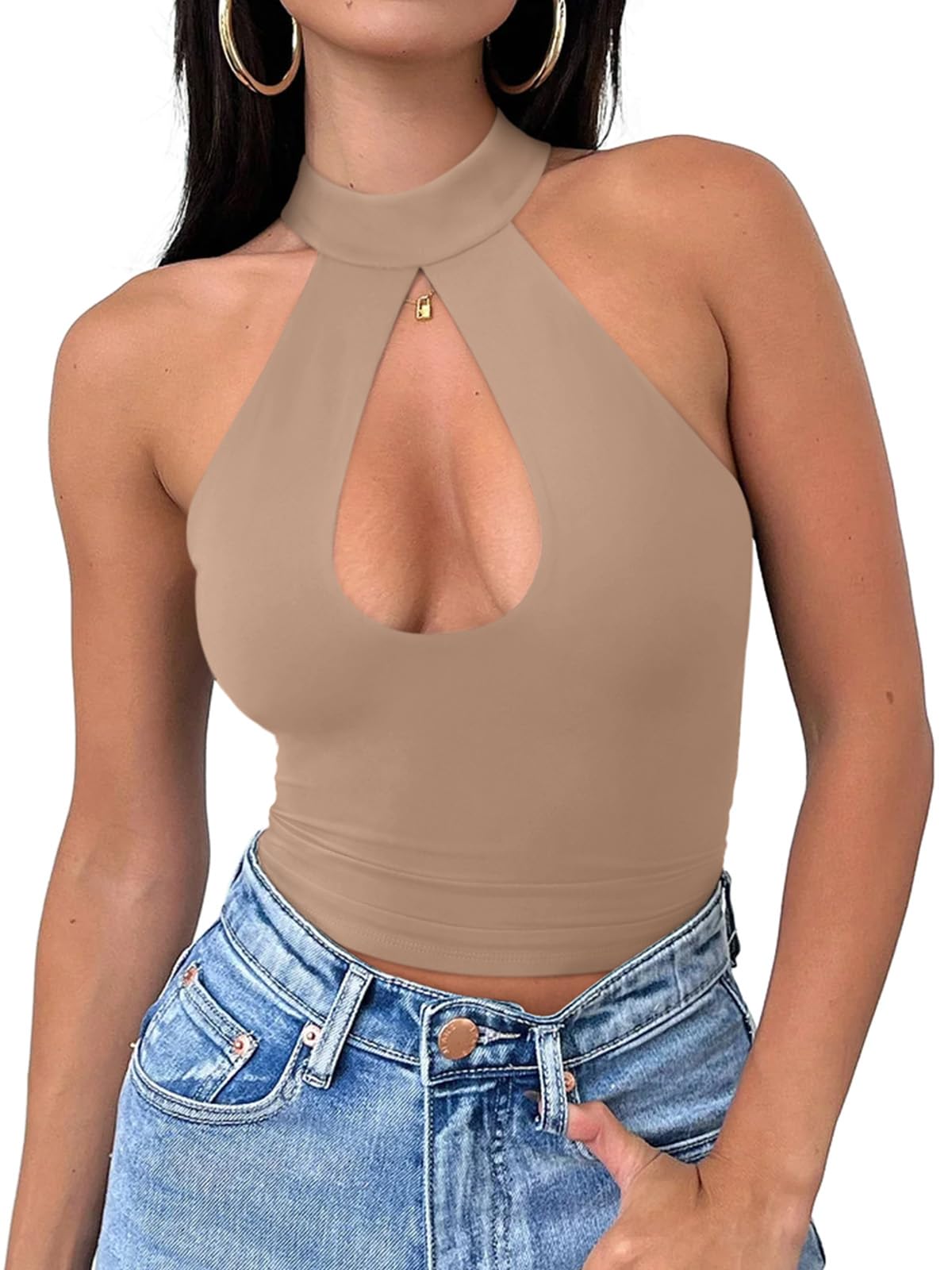 REORIA Womens Sexy Going Out Halter Crop Tops Trendy Cut Out Y2k Tank | Double Lined,Criss Cross,Cute Sleeveless Outfit,Nightout,Club,Party,Concert,Music Festival,Datenight Tee,Summer All Day Wear