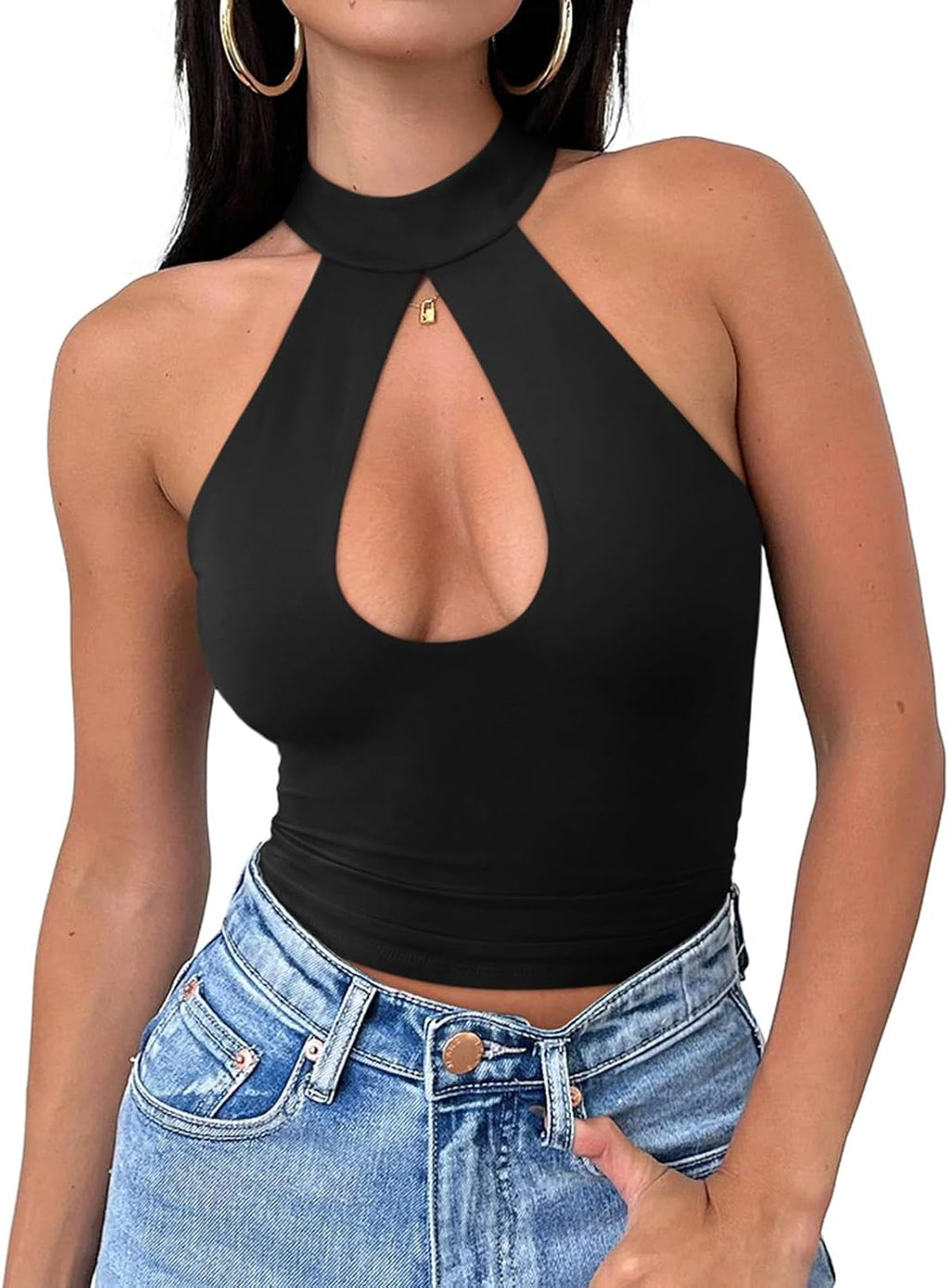 REORIA Womens Sexy Going Out Halter Crop Tops Trendy Cut Out Y2k Tank | Double Lined,Criss Cross,Cute Sleeveless Outfit,Nightout,Club,Party,Concert,Music Festival,Datenight Tee,Summer All Day Wear