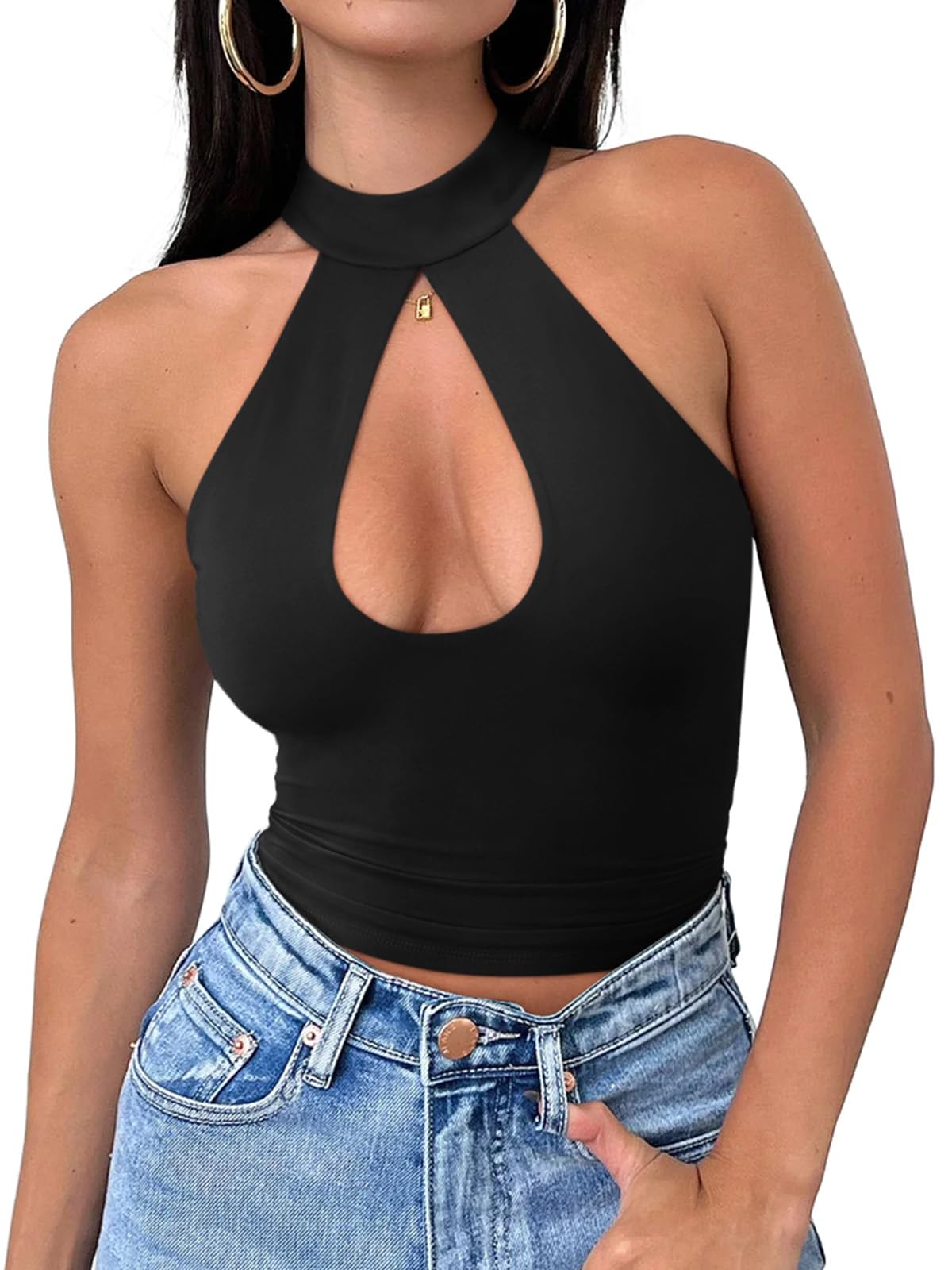 REORIA Womens Sexy Going Out Halter Crop Tops Trendy Cut Out Y2k Tank | Double Lined,Criss Cross,Cute Sleeveless Outfit,Nightout,Club,Party,Concert,Music Festival,Datenight Tee,Summer All Day Wear