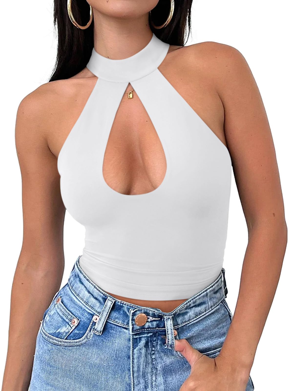 REORIA Womens Sexy Going Out Halter Crop Tops Trendy Cut Out Y2k Tank | Double Lined,Criss Cross,Cute Sleeveless Outfit,Nightout,Club,Party,Concert,Music Festival,Datenight Tee,Summer All Day Wear