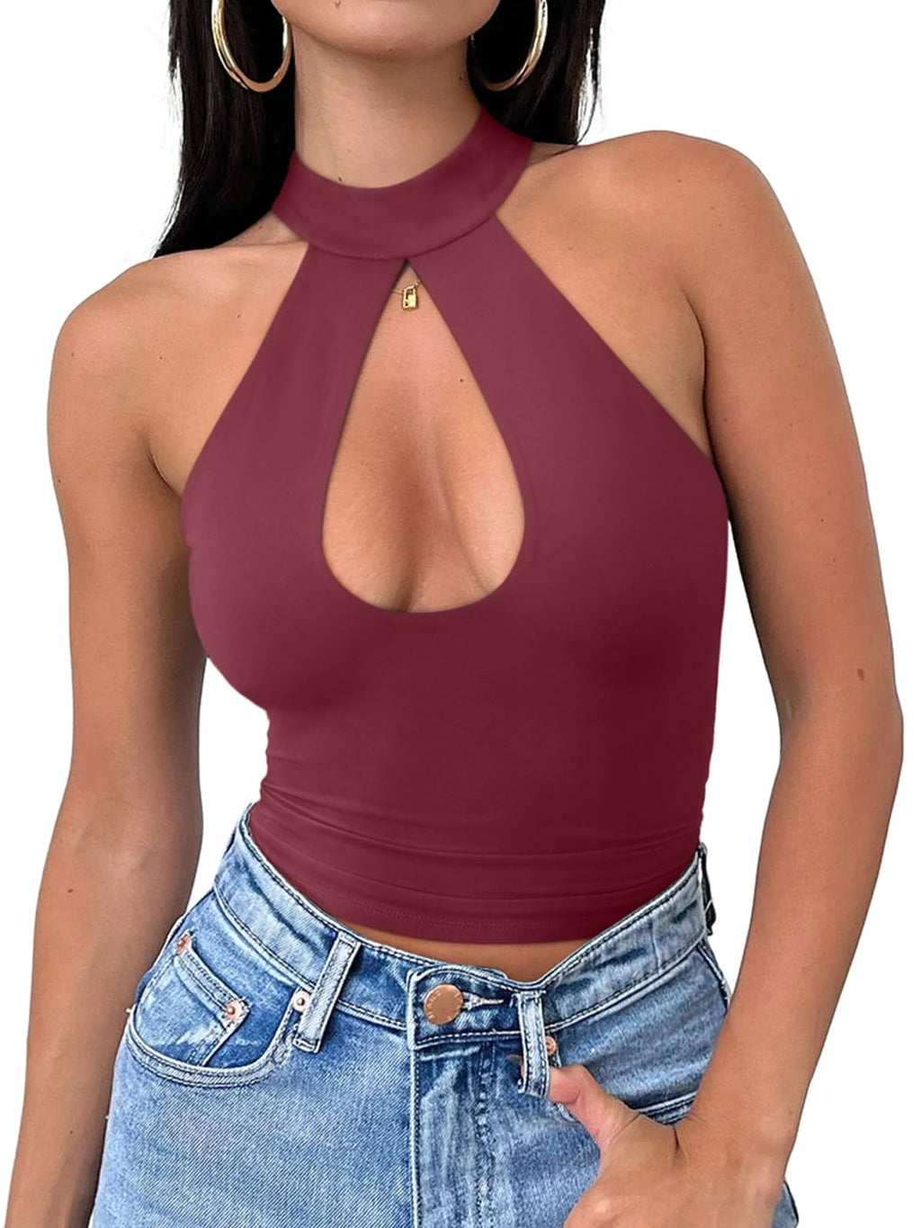 REORIA Womens Sexy Going Out Halter Crop Tops Trendy Cut Out Y2k Tank | Double Lined,Criss Cross,Cute Sleeveless Outfit,Nightout,Club,Party,Concert,Music Festival,Datenight Tee,Summer All Day Wear