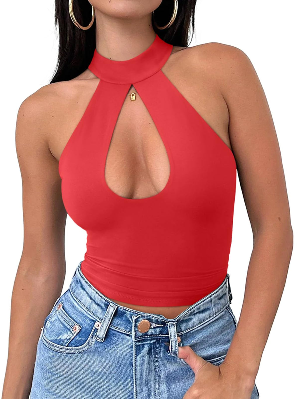REORIA Womens Sexy Going Out Halter Crop Tops Trendy Cut Out Y2k Tank | Double Lined,Criss Cross,Cute Sleeveless Outfit,Nightout,Club,Party,Concert,Music Festival,Datenight Tee,Summer All Day Wear