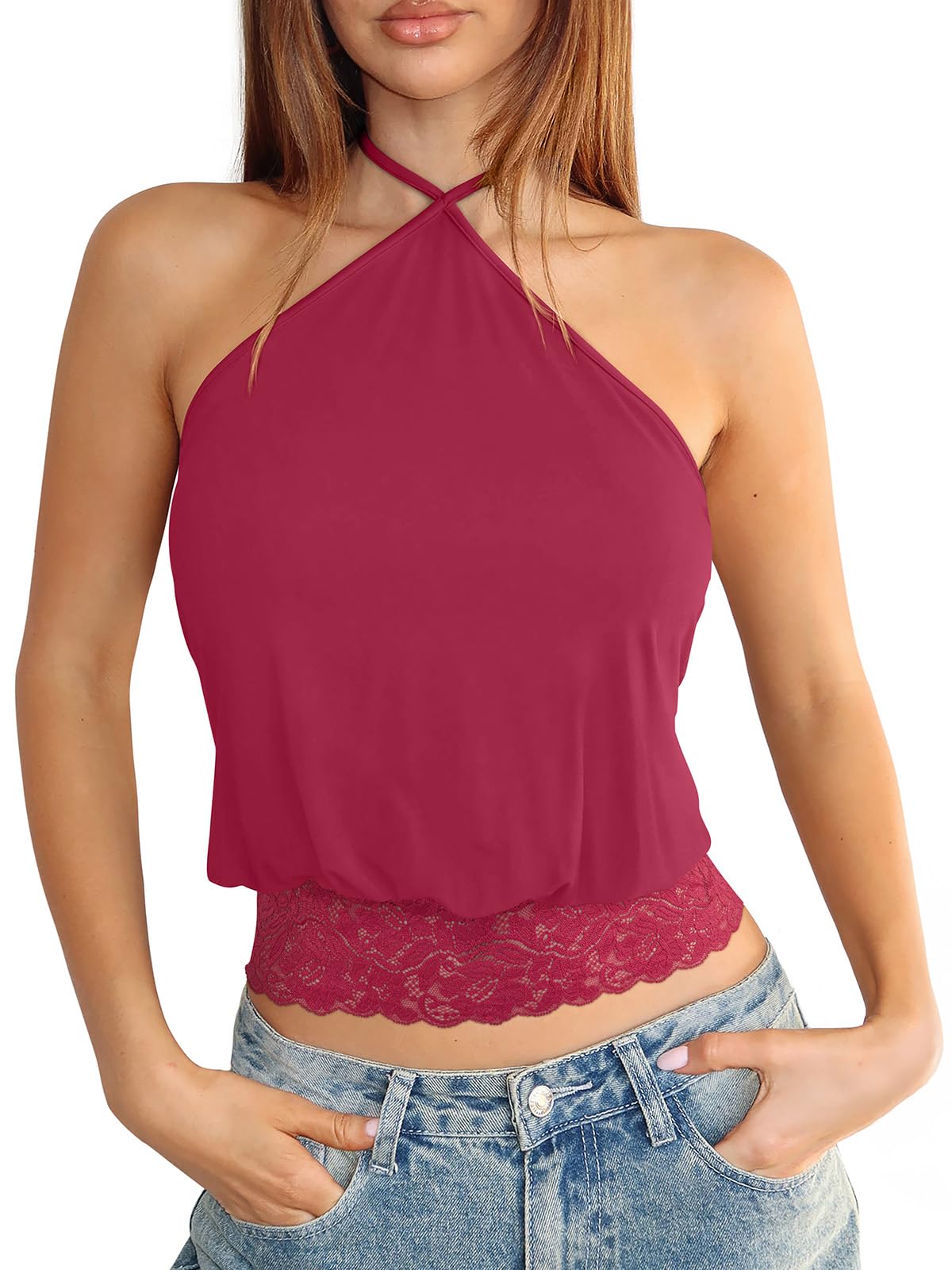 REORIA Womens Halter Going Out Tank Tops Lace Trim Y2K Backless Crop Shirt | Sexy Cute Tees,2026 SummerOutfits,Trendy,Dressy,TieBack,Casual,Club,Concert,Music Festival,Shopping,All Day Wear Camisole