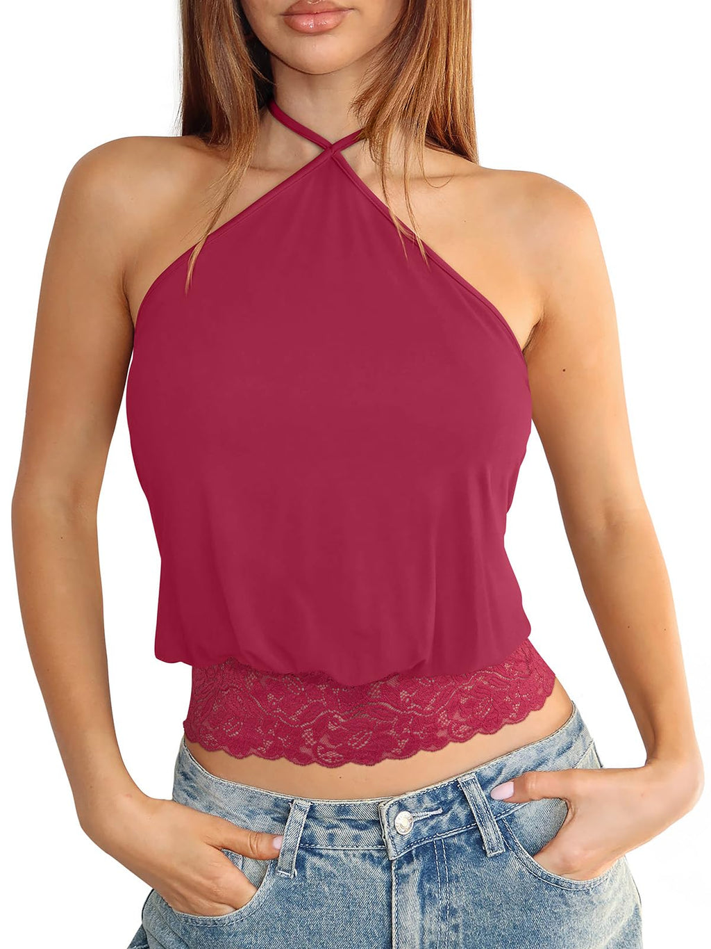 REORIA Womens Halter Going Out Tank Tops Lace Trim Y2K Backless Crop Shirt | Sexy Cute Tees,2026 SummerOutfits,Trendy,Dressy,TieBack,Casual,Club,Concert,Music Festival,Shopping,All Day Wear Camisole