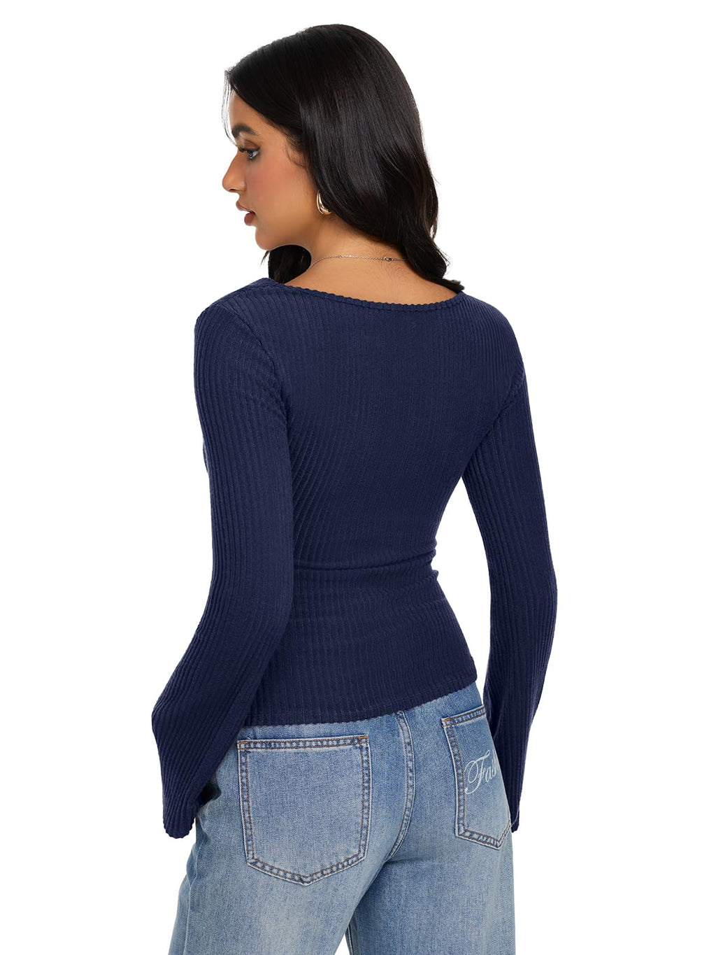 Cowl Neck Ribbed Knit Bell Sleeve Top