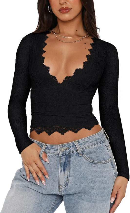 V-Neck Long Sleeve Shirts Trendy Lace Y2K Going Out Crop Top - REORIA