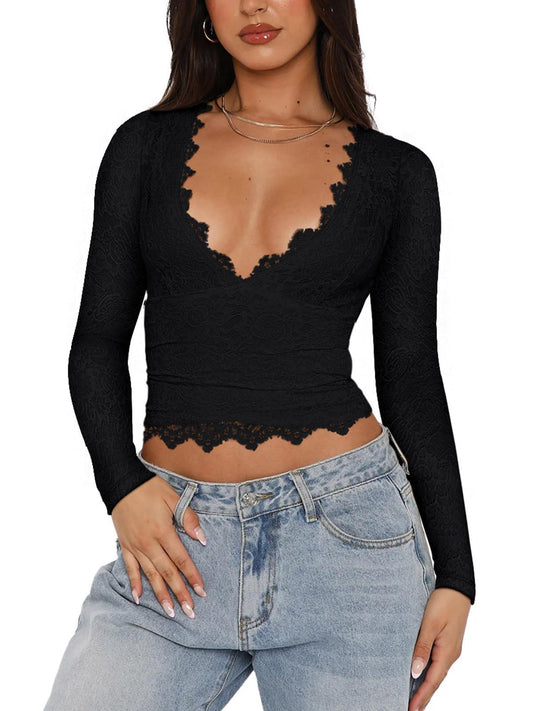 V-Neck Long Sleeve Shirts Trendy Lace Y2K Going Out Crop Top - REORIA