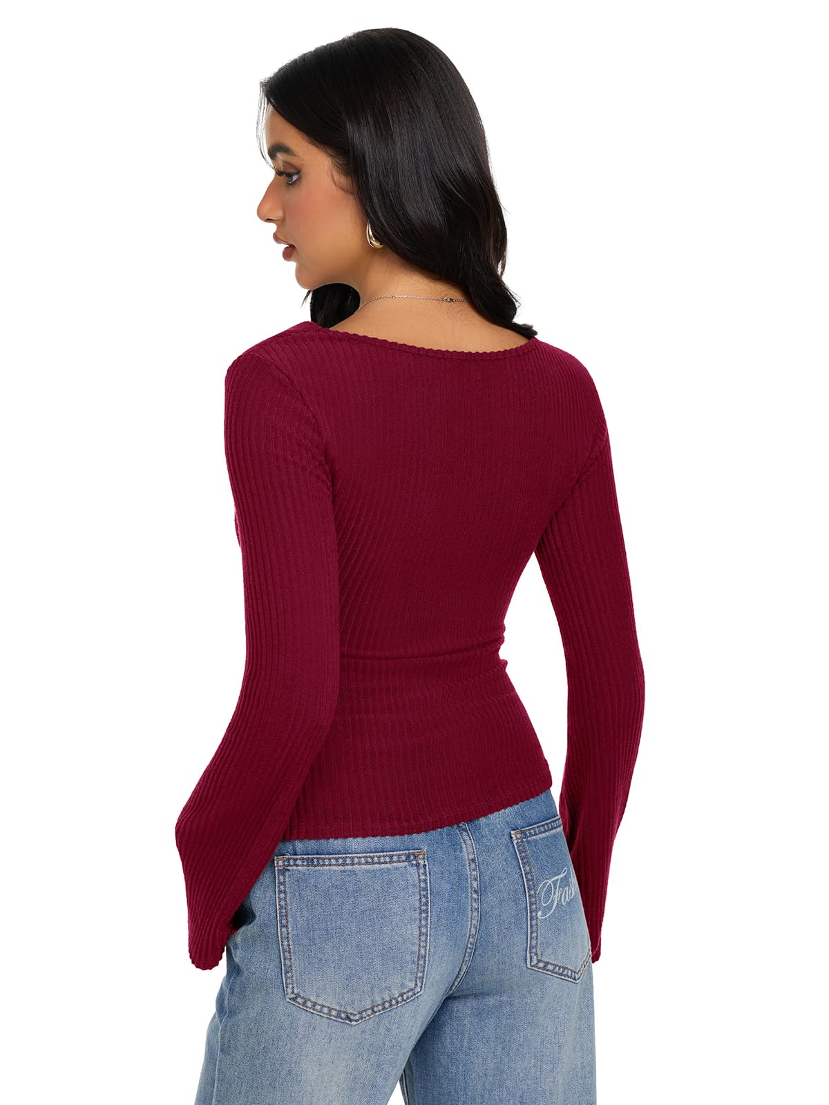 Cowl Neck Ribbed Knit Bell Sleeve Top