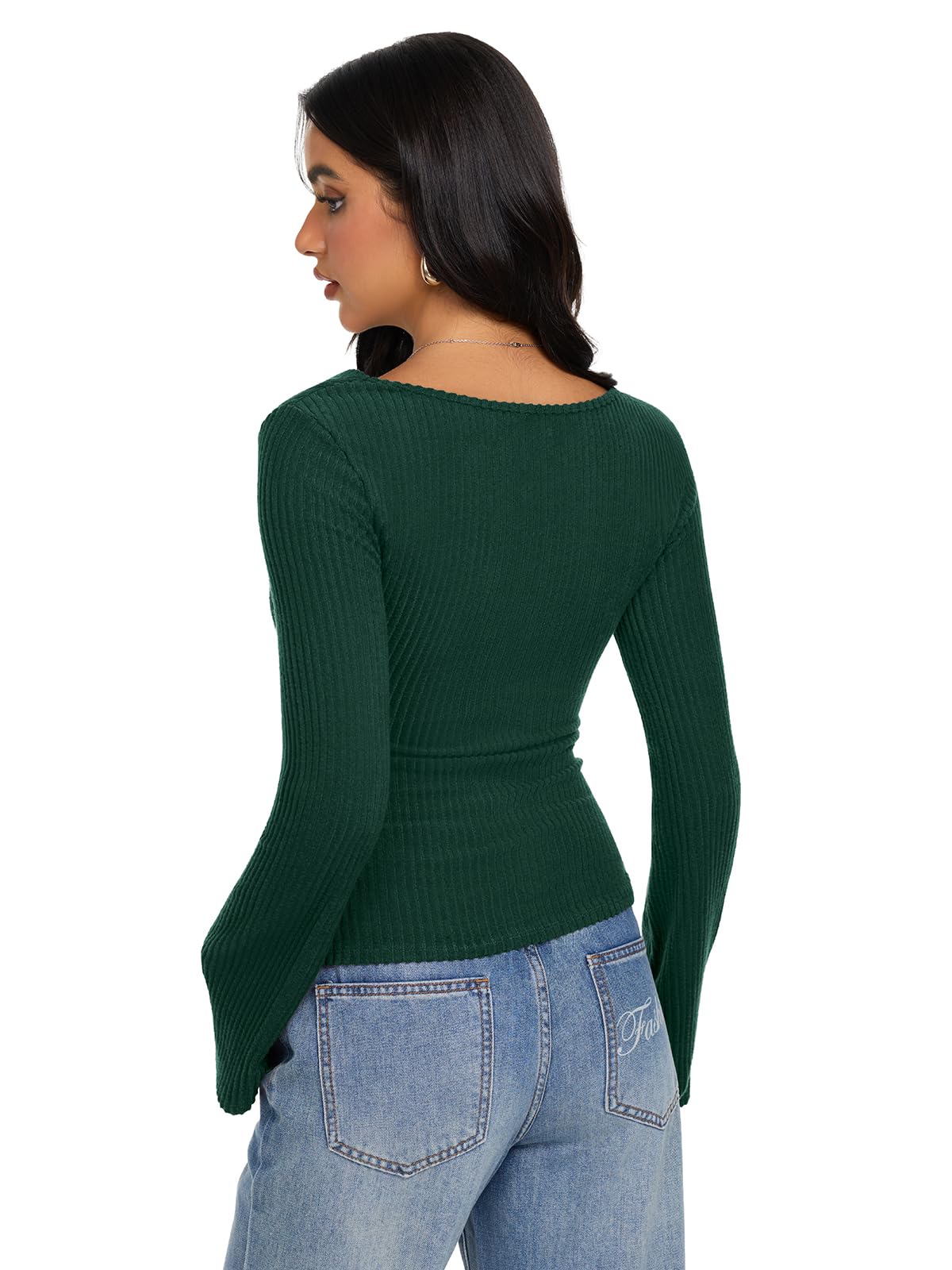 Cowl Neck Ribbed Knit Bell Sleeve Top