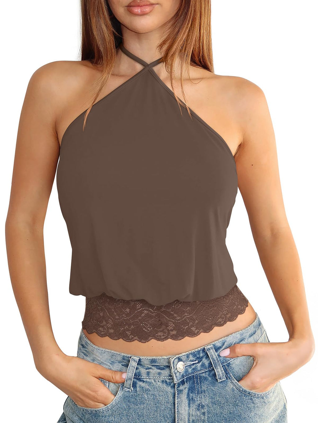 REORIA Womens Halter Going Out Tank Tops Lace Trim Y2K Backless Crop Shirt | Sexy Cute Tees,2026 SummerOutfits,Trendy,Dressy,TieBack,Casual,Club,Concert,Music Festival,Shopping,All Day Wear Camisole