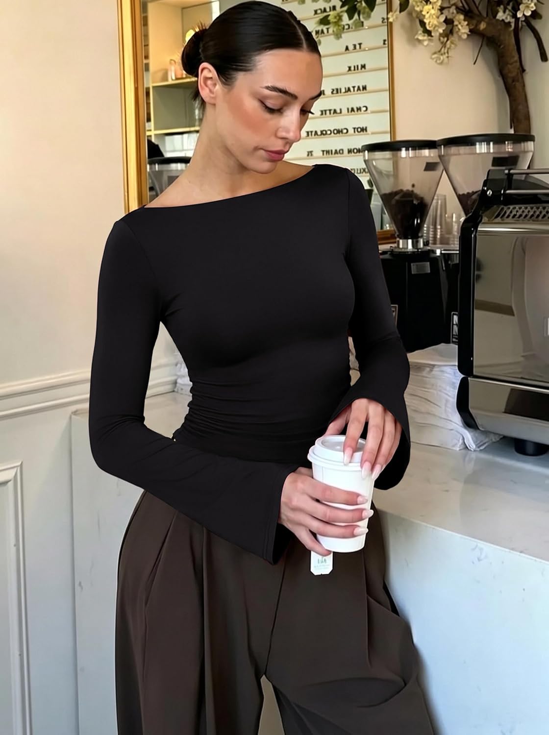 REORIA Womens Double Lined Y2K Cropped Top Bell Sleeve Fall Basic Shirts | Boat Neck No-See-Through Stretchy Slim Fitted Versatile Layering Tee for Club Office Casual Evening Wear