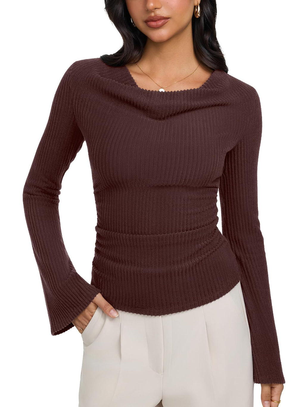 Cowl Neck Ribbed Knit Bell Sleeve Top