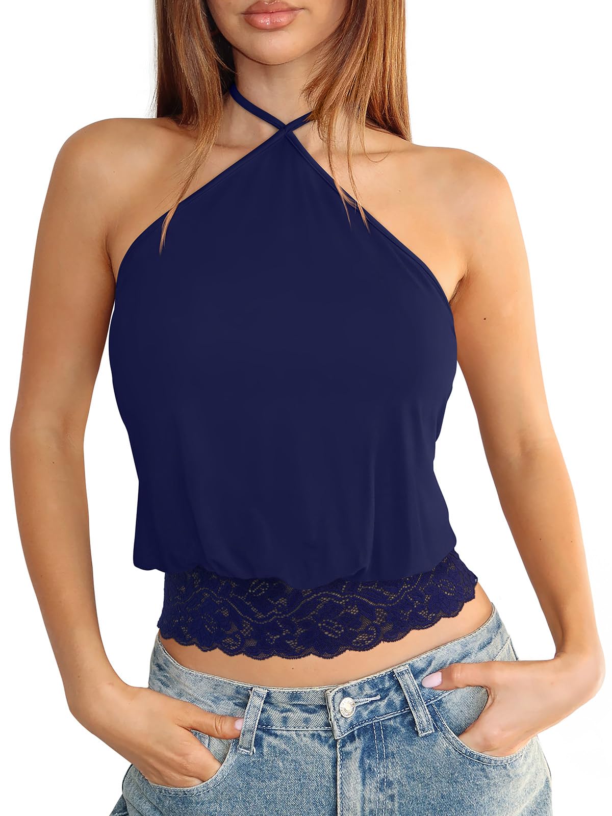 REORIA Womens Halter Going Out Tank Tops Lace Trim Y2K Backless Crop Shirt | Sexy Cute Tees,2026 SummerOutfits,Trendy,Dressy,TieBack,Casual,Club,Concert,Music Festival,Shopping,All Day Wear Camisole