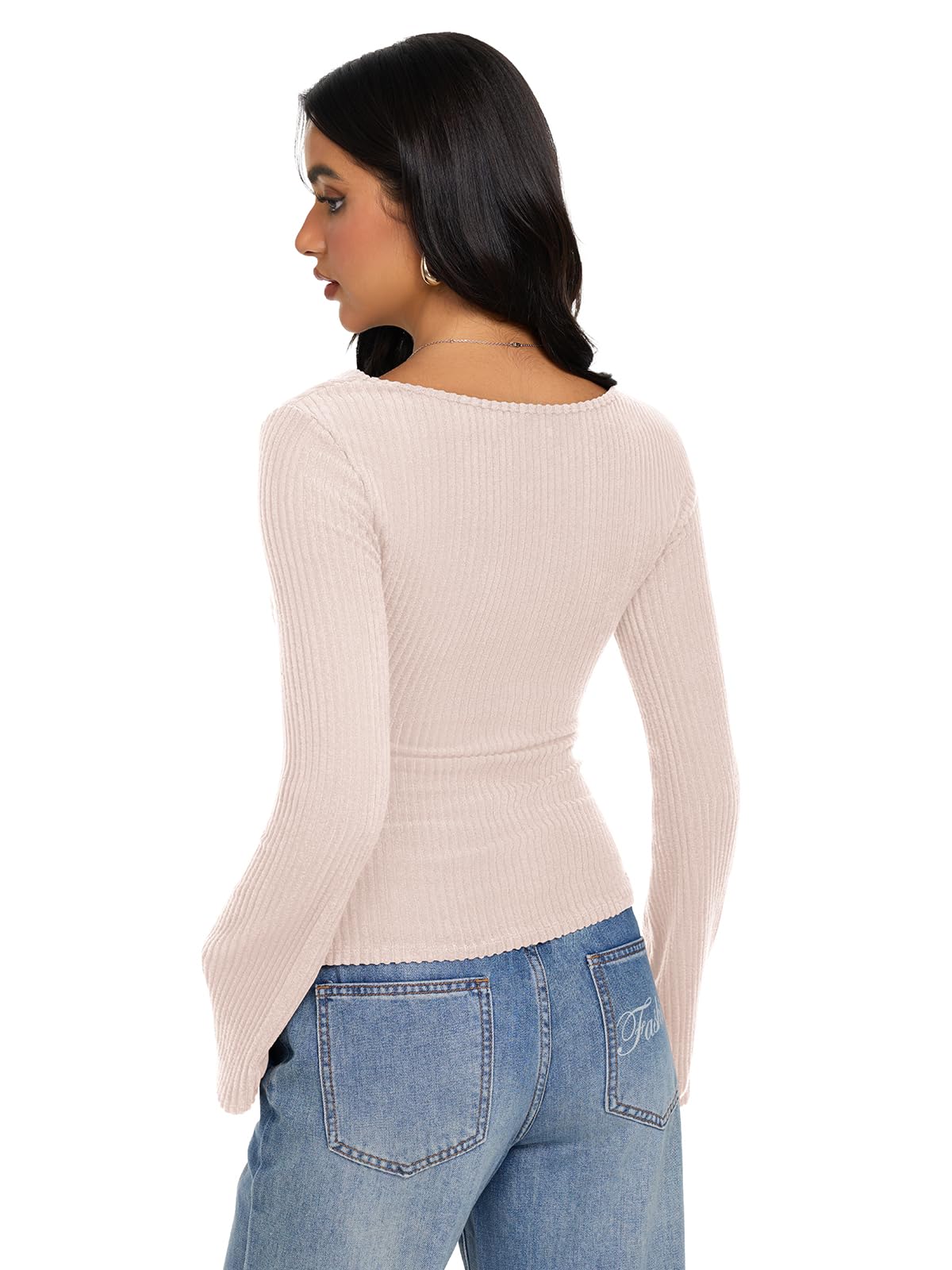 Cowl Neck Ribbed Knit Bell Sleeve Top