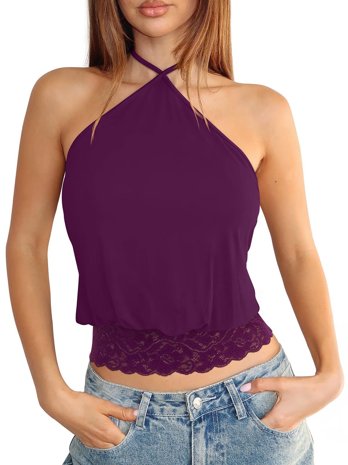 REORIA Womens Halter Going Out Tank Tops Lace Trim Y2K Backless Crop Shirt | Sexy Cute Tees,2026 SummerOutfits,Trendy,Dressy,TieBack,Casual,Club,Concert,Music Festival,Shopping,All Day Wear Camisole
