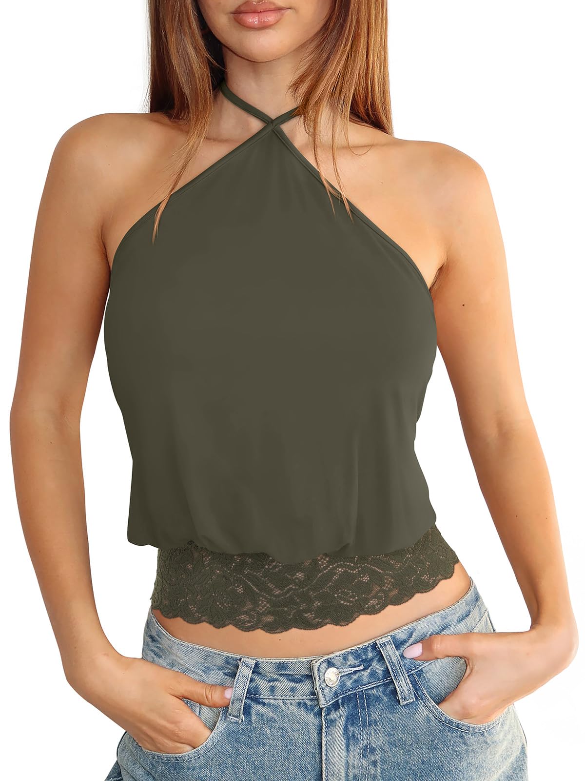 REORIA Womens Halter Going Out Tank Tops Lace Trim Y2K Backless Crop Shirt | Sexy Cute Tees,2026 SummerOutfits,Trendy,Dressy,TieBack,Casual,Club,Concert,Music Festival,Shopping,All Day Wear Camisole