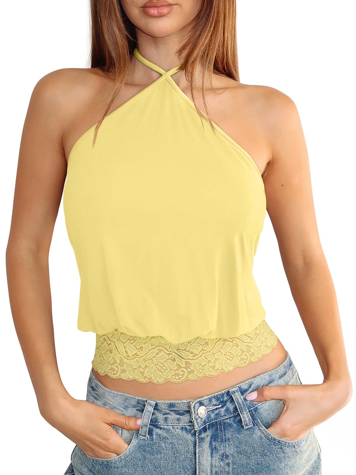 REORIA Womens Halter Going Out Tank Tops Lace Trim Y2K Backless Crop Shirt | Sexy Cute Tees,2026 SummerOutfits,Trendy,Dressy,TieBack,Casual,Club,Concert,Music Festival,Shopping,All Day Wear Camisole