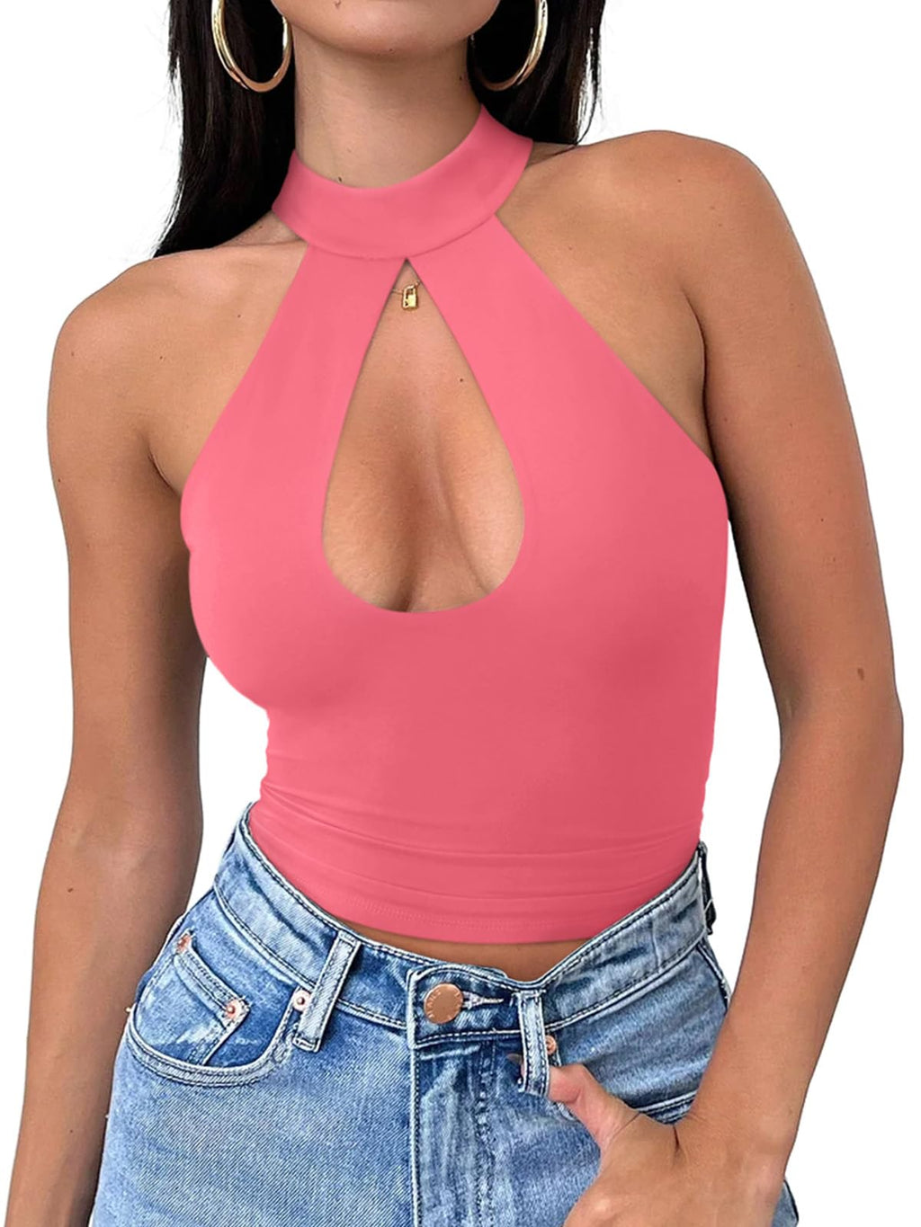 REORIA Womens Sexy Going Out Halter Crop Tops Trendy Cut Out Y2k Tank | Double Lined,Criss Cross,Cute Sleeveless Outfit,Nightout,Club,Party,Concert,Music Festival,Datenight Tee,Summer All Day Wear