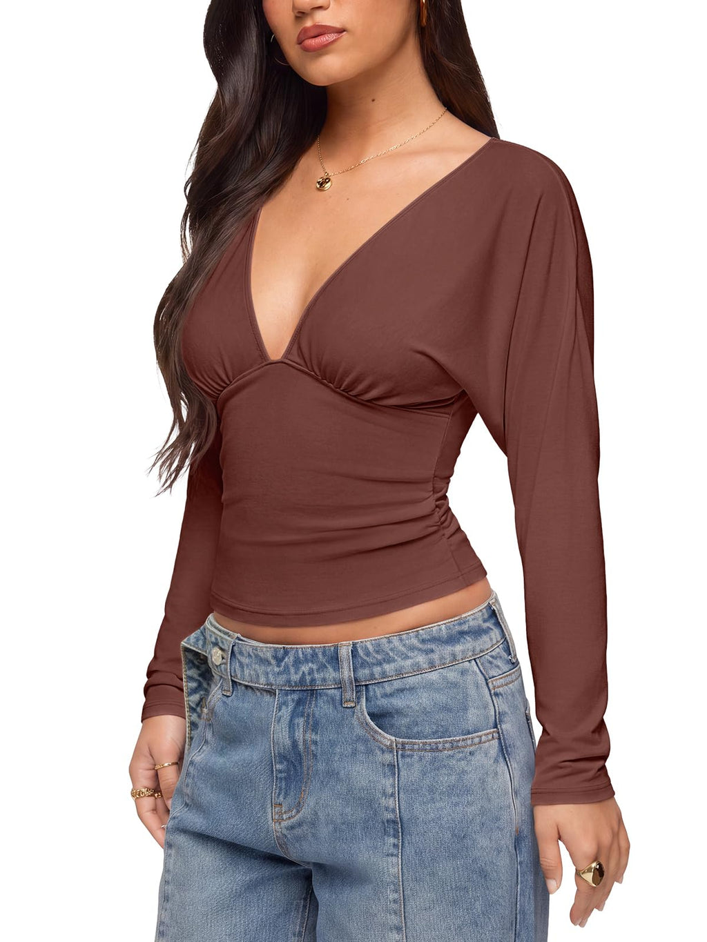 V Neck Ruched Batwing Sleeve Slim Fit Top
