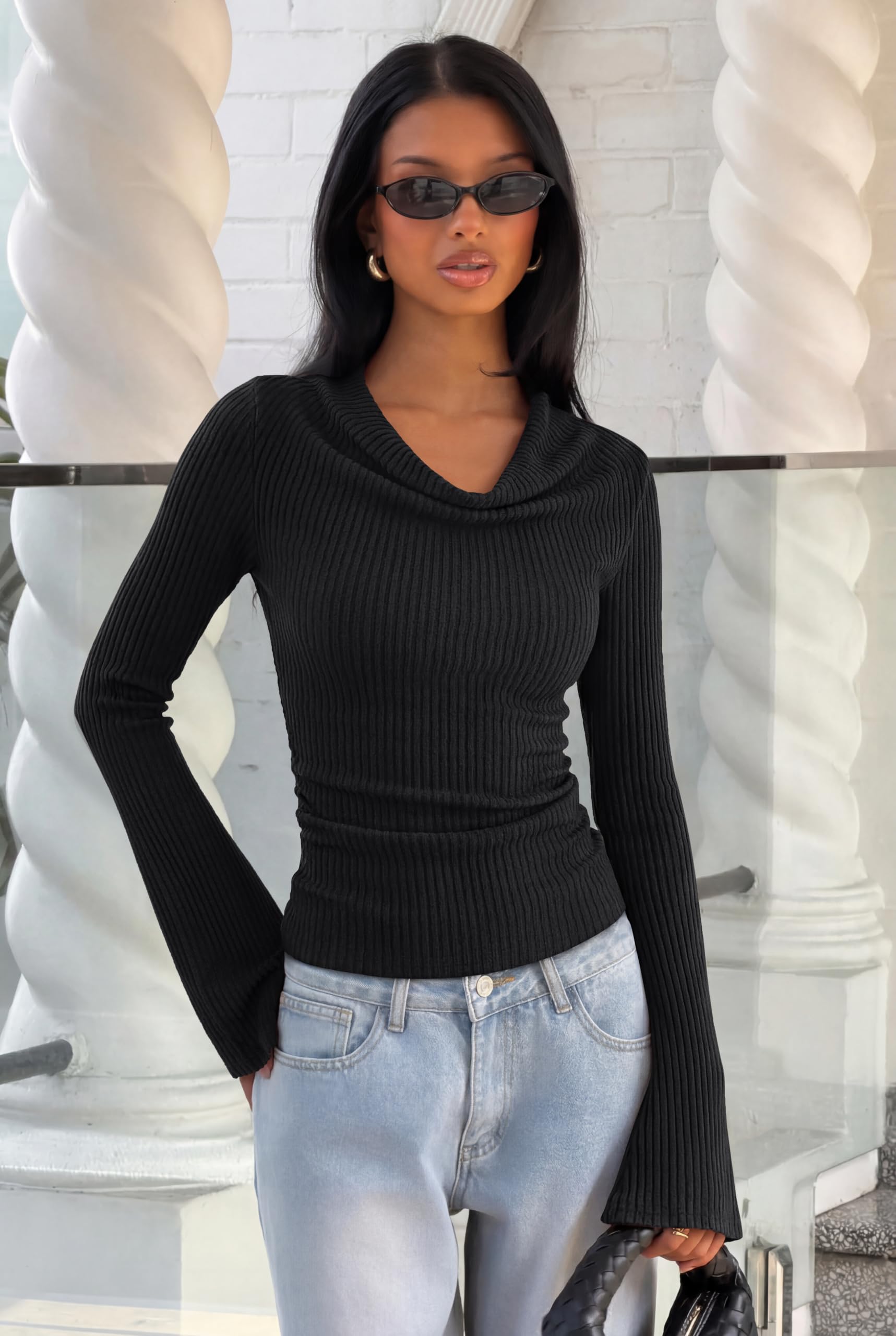 Cowl Neck Ribbed Knit Bell Sleeve Top