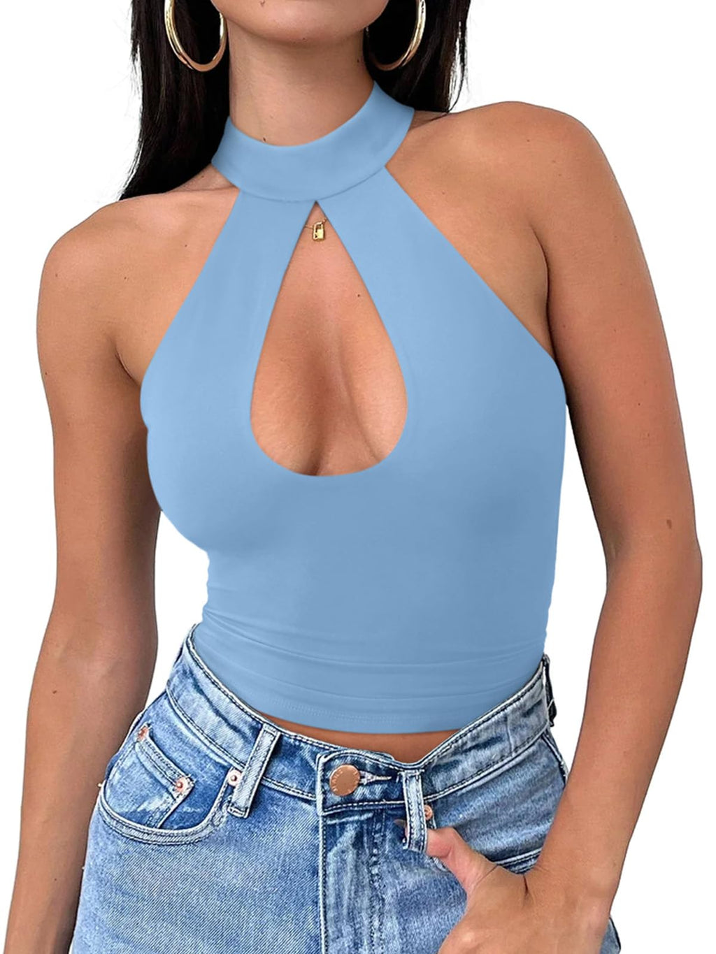 REORIA Womens Sexy Going Out Halter Crop Tops Trendy Cut Out Y2k Tank | Double Lined,Criss Cross,Cute Sleeveless Outfit,Nightout,Club,Party,Concert,Music Festival,Datenight Tee,Summer All Day Wear